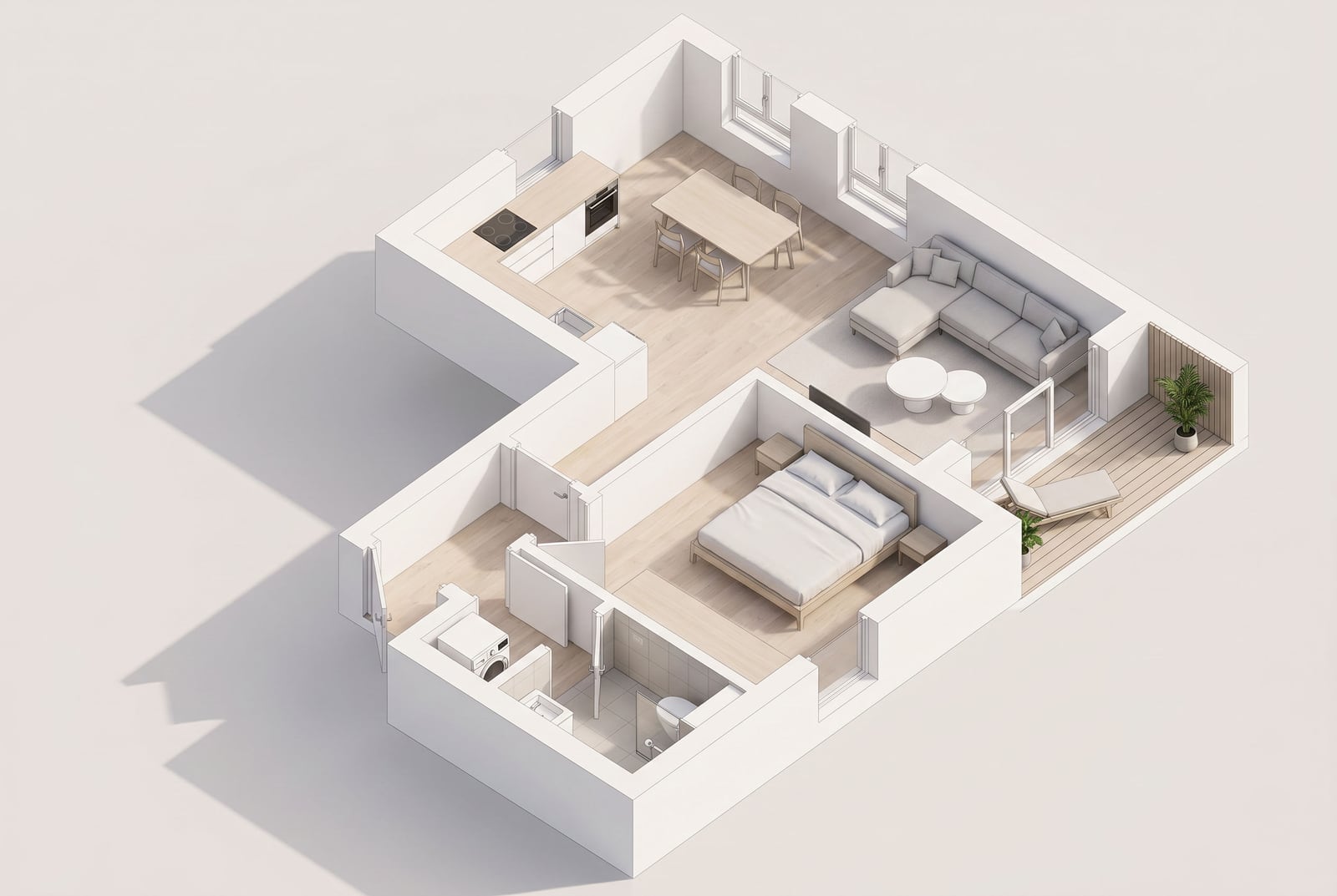 3D floor plan of an apartment in Tivat, Montenegro: bedroom, kitchen-living room, bathroom, and a furnished terrace in light tones.
