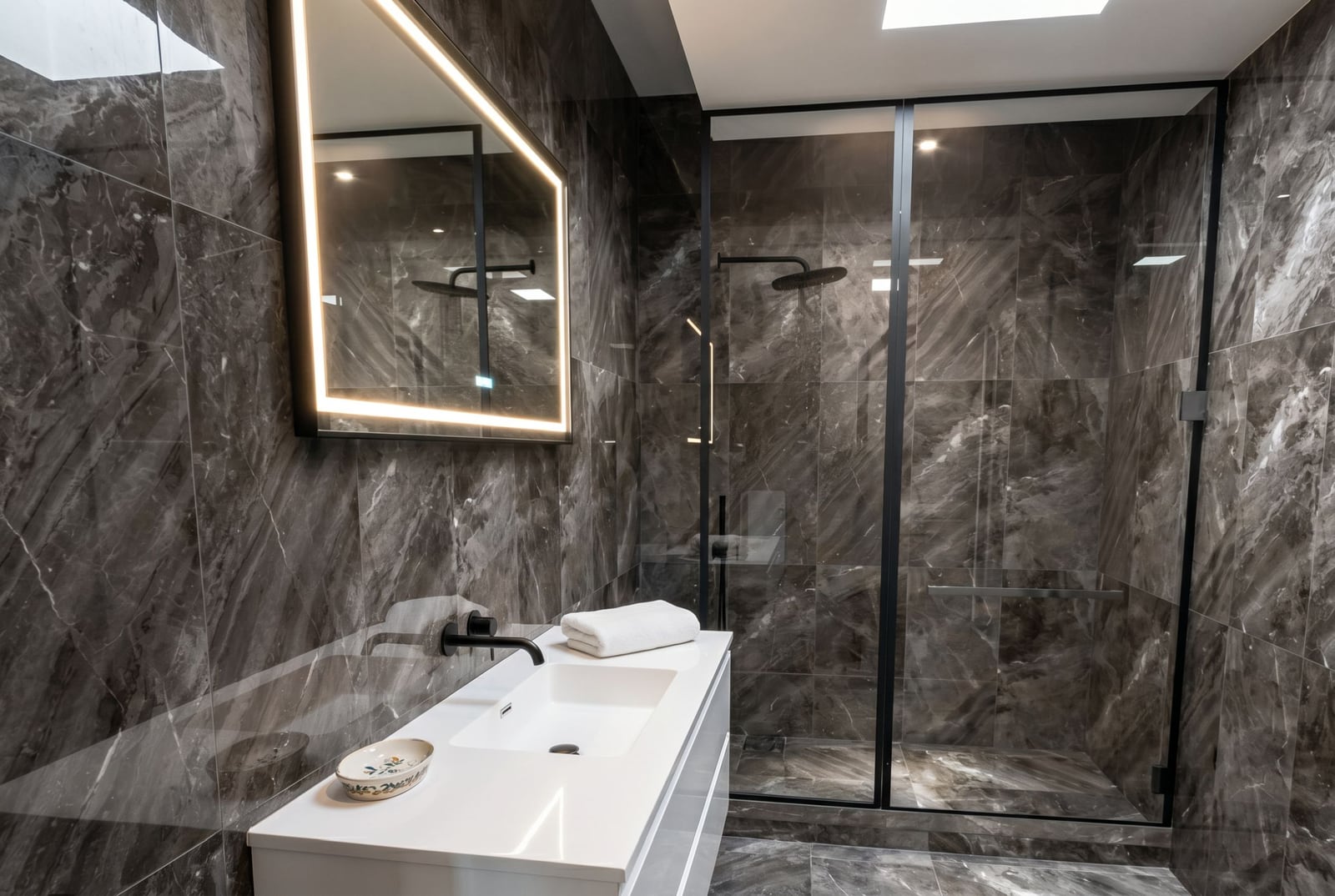 Becici, Karadağ’daki dairede modern banyo: koyu mermer görünümlü kaplama, duş kabini ve LED aynası.