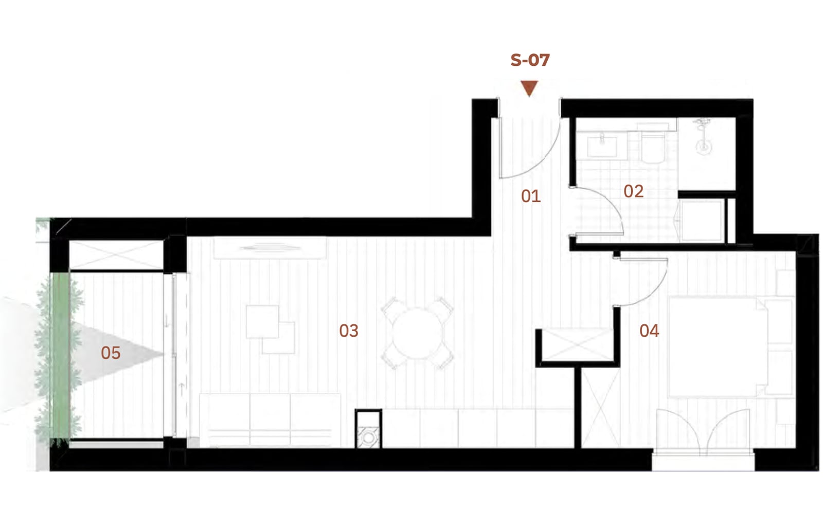 Apartment layout with furniture, terrace, and bathroom in Orahovac, Montenegro