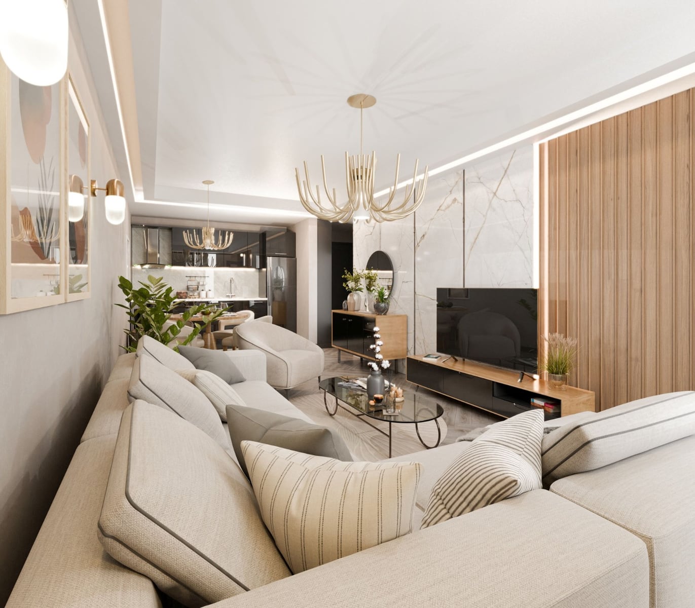 Salon moderne dans le ЖК Radanovichi, Monténégro : canapé clair, mur en marbre, lustre design et cuisine.