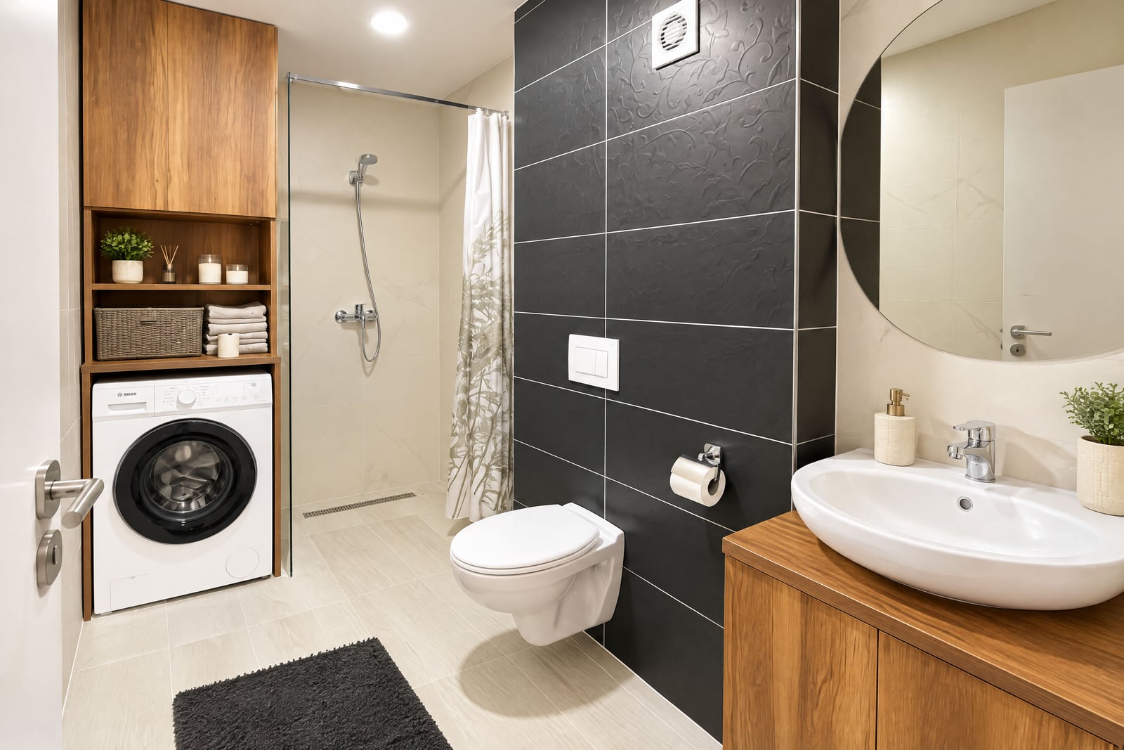 Modern bathroom with a shower, washing machine, and furniture in an apartment in Budva, Montenegro