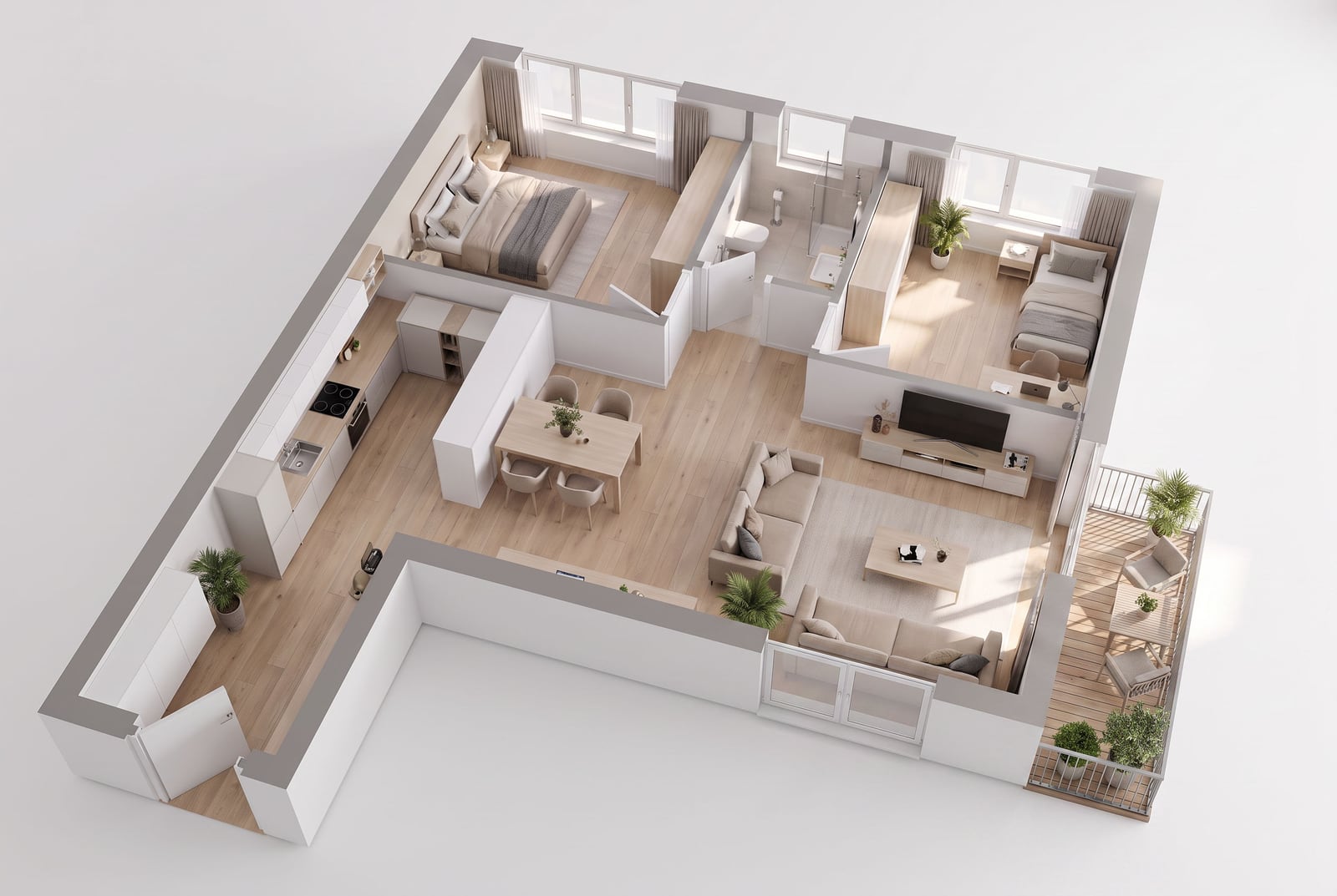3D-планировка квартиры в Бечичи, Черногория: две спальни, кухня-гостиная, терраса и современный интерьер в светлых тонах.