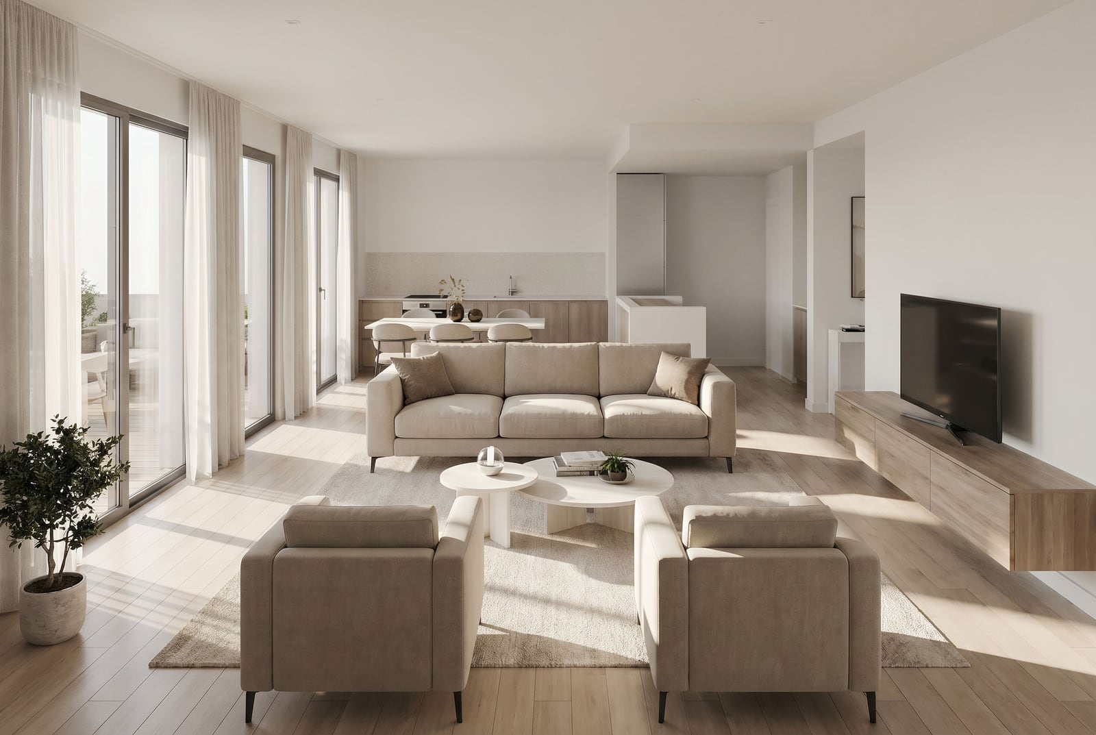 Modern living room with kitchen in Tivat residential complex, Montenegro: bright interior, upholstered furniture, panoramic windows, and terrace.