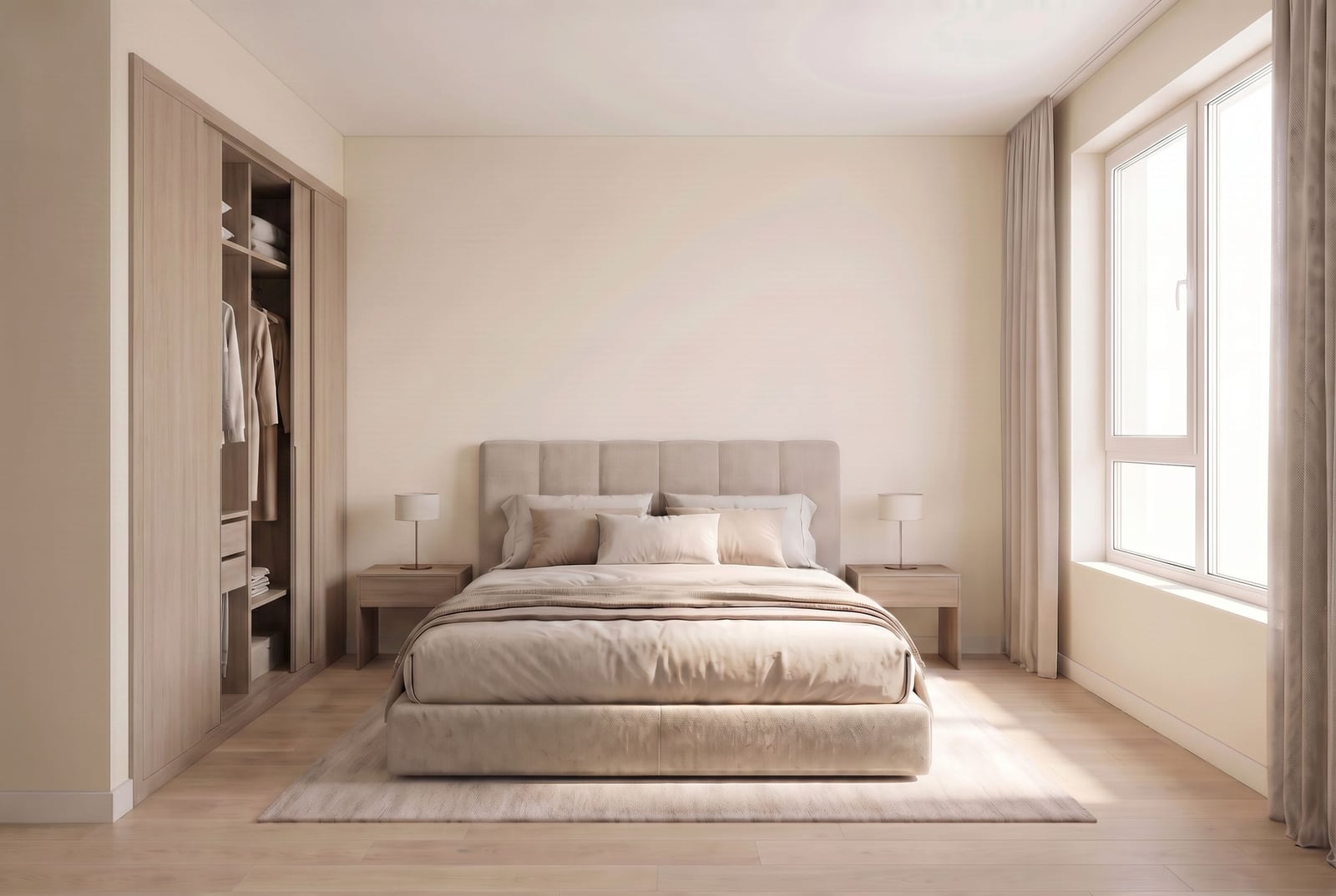 Modernes Schlafzimmer in Beigetönen mit Doppelbett und Einbauschrank in einer Wohnung, Bečići, Montenegro.