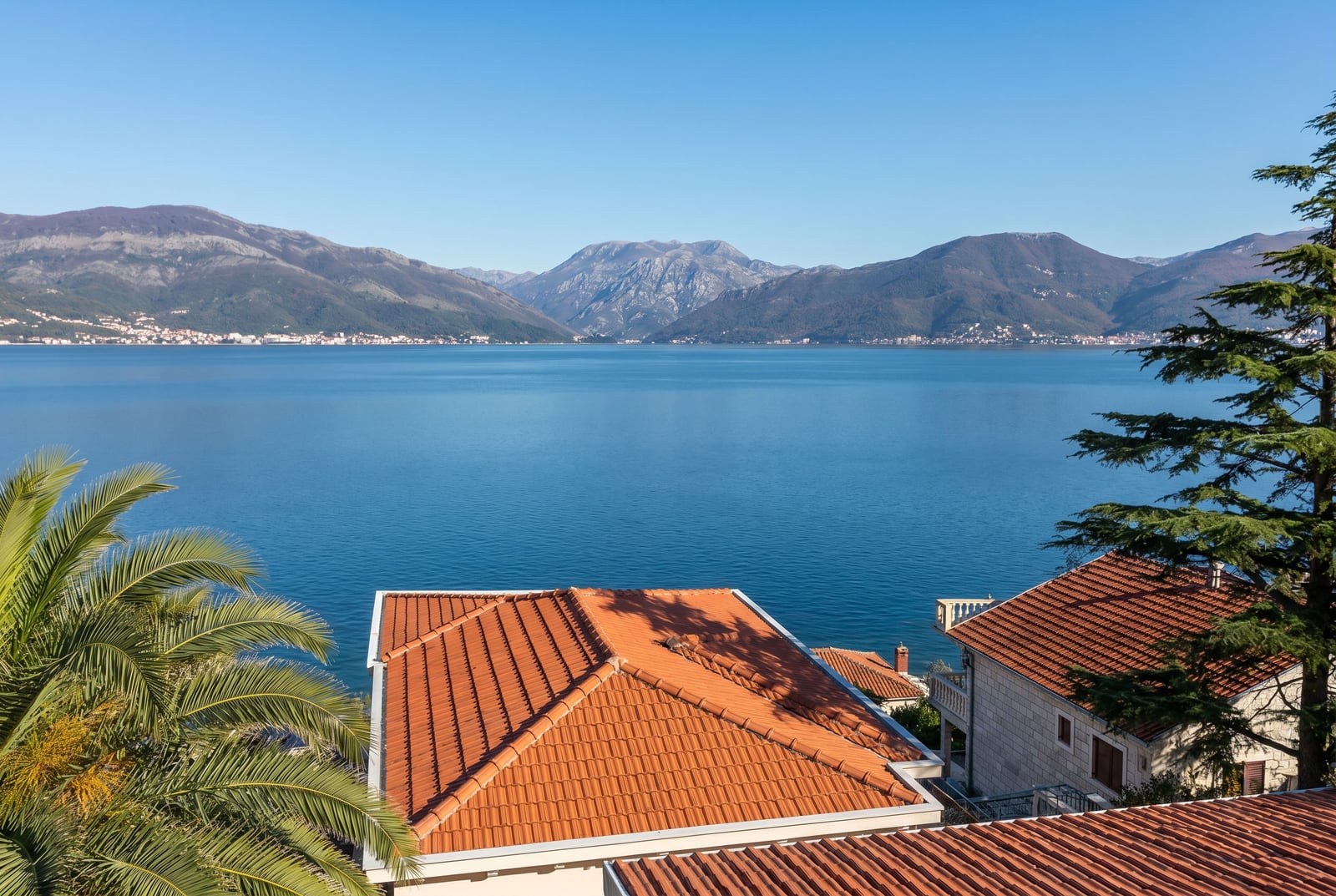 Vue panoramique sur la mer et les montagnes depuis une maison à Krašići, Monténégro : toits en tuiles et palmiers au premier plan.