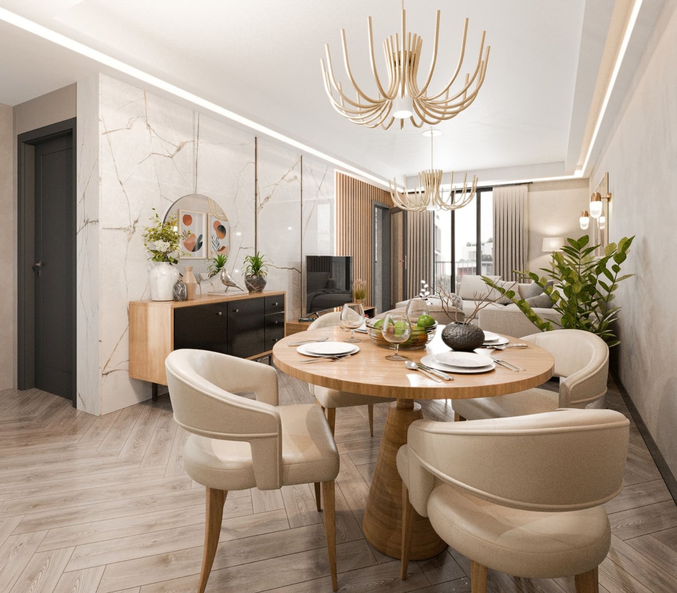 Salon moderne avec coin repas dans le ЖК Radanovichi, Monténégro : finition en marbre, lustres design et mobilier.