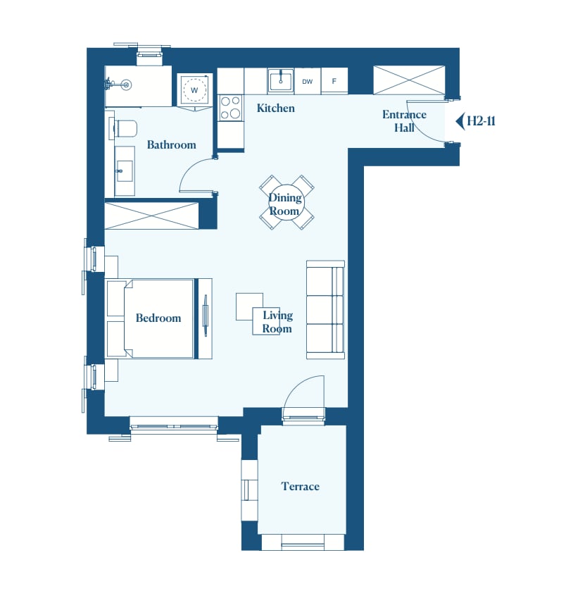 Grundriss einer Wohnung in Luštica, Montenegro: Schlafzimmer, Wohnzimmer, Küche, Bad und Terrasse in einem Wohnkomplex.