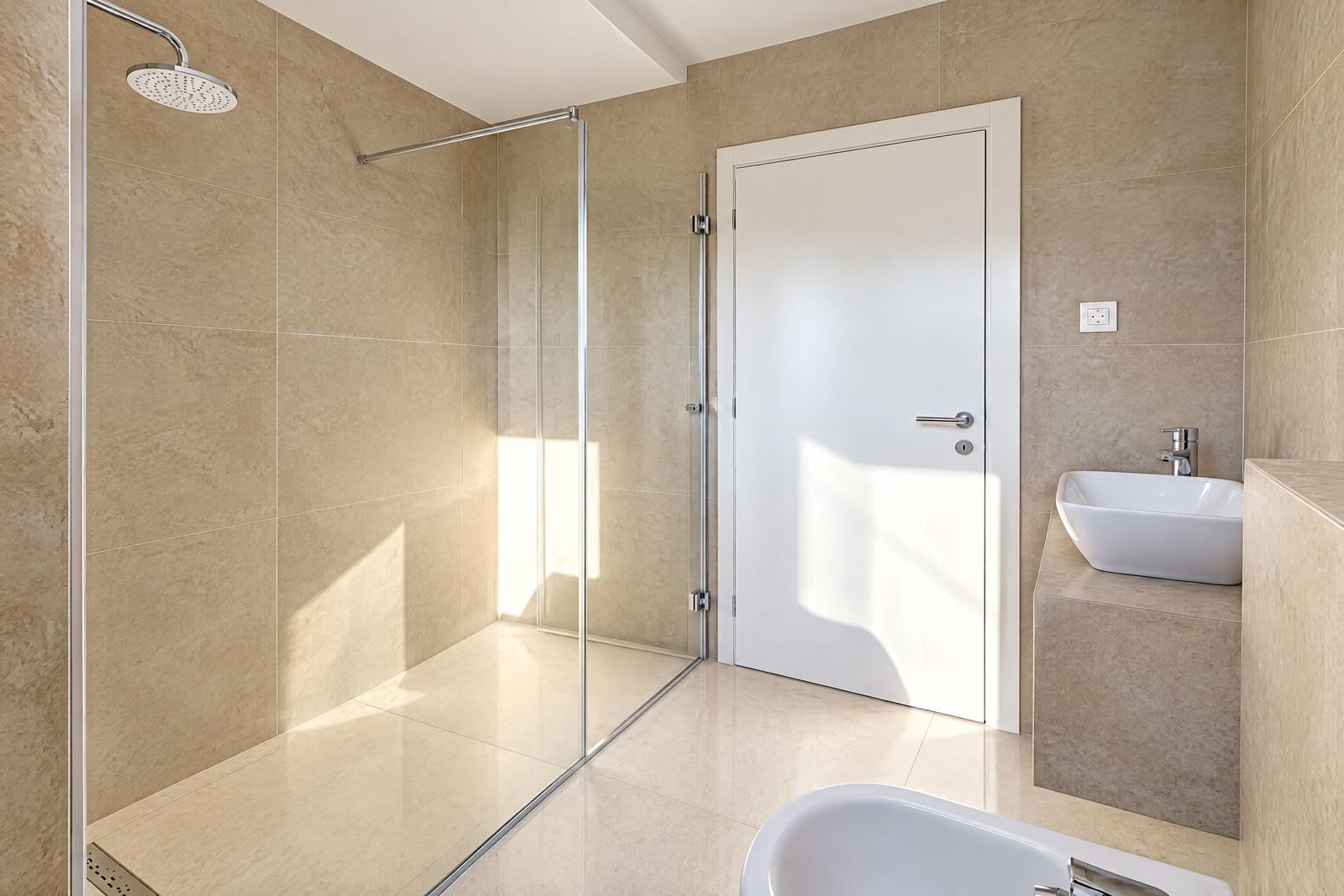 Modern bathroom with a shower cabin and white sanitary ware in an apartment in Becici, Montenegro