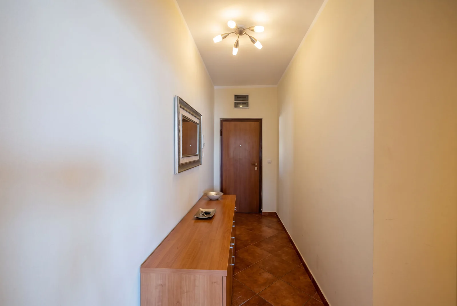 Couloir étroit avec une table console en bois, un cadre mural et une porte fermée au bout.