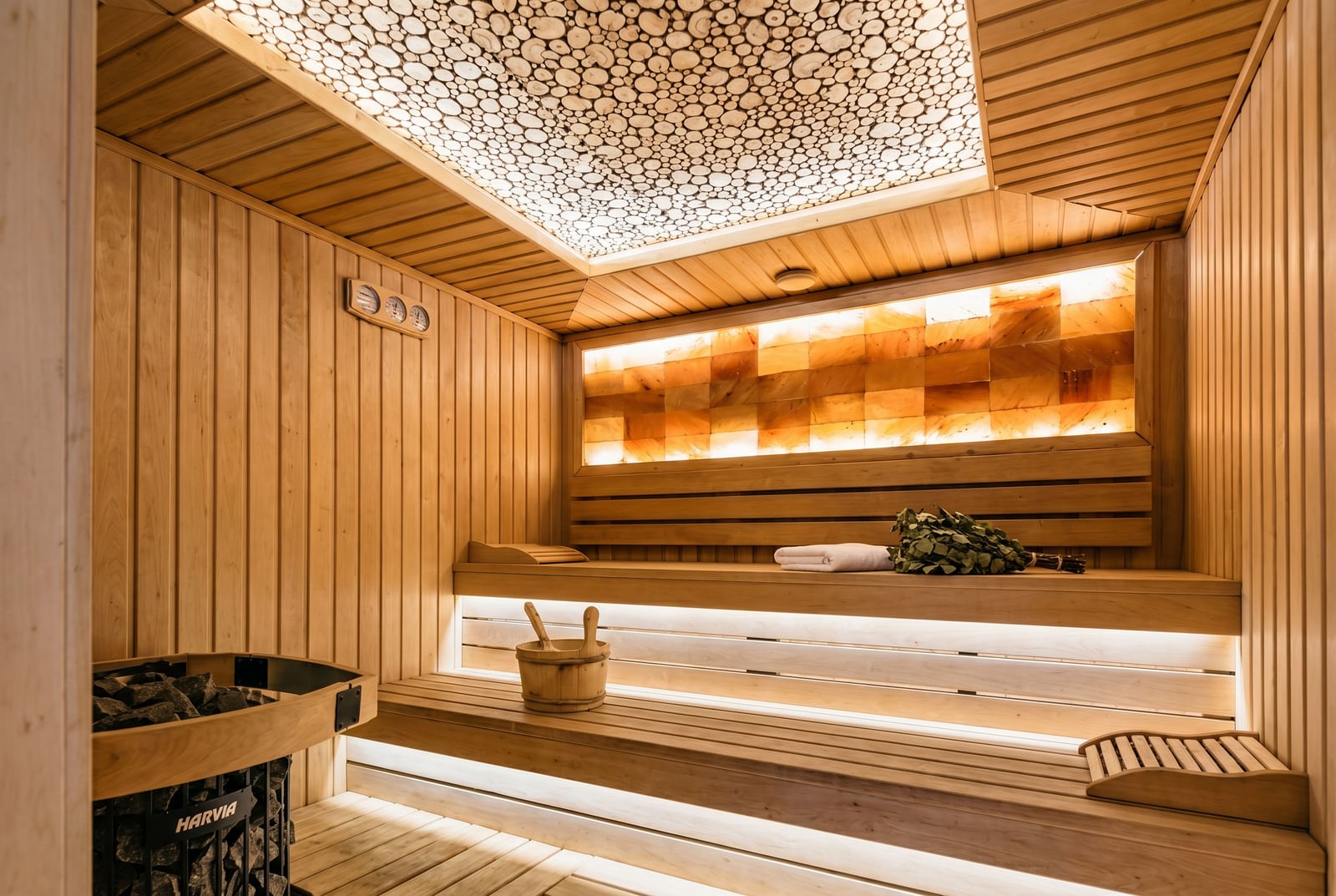 Modern sauna with wood paneling, a salt wall, and a Harvia stove in a residential complex, Kumbor, Montenegro.