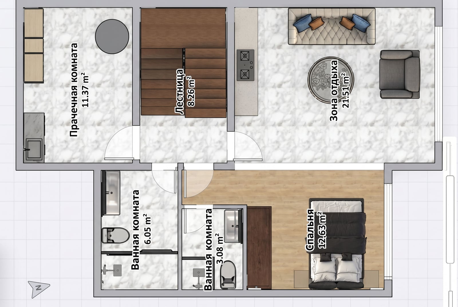 Plan de la villa à Reževići, Monténégro : chambre, deux salles de bains, buanderie et espace détente meublé.