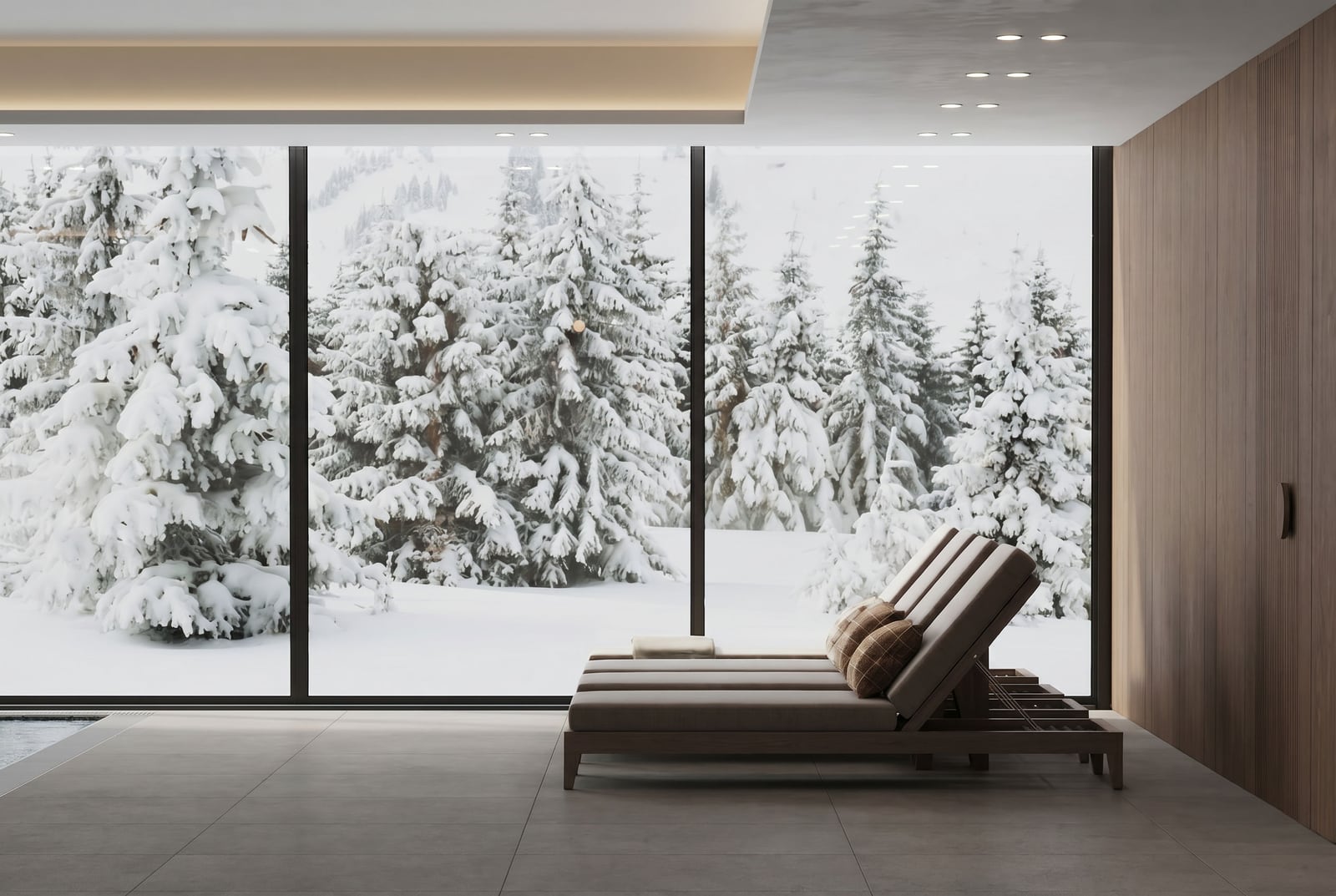 Relaxation area with sun loungers and a panoramic view of the snow-covered forest at a hotel in Kolašin, Montenegro.