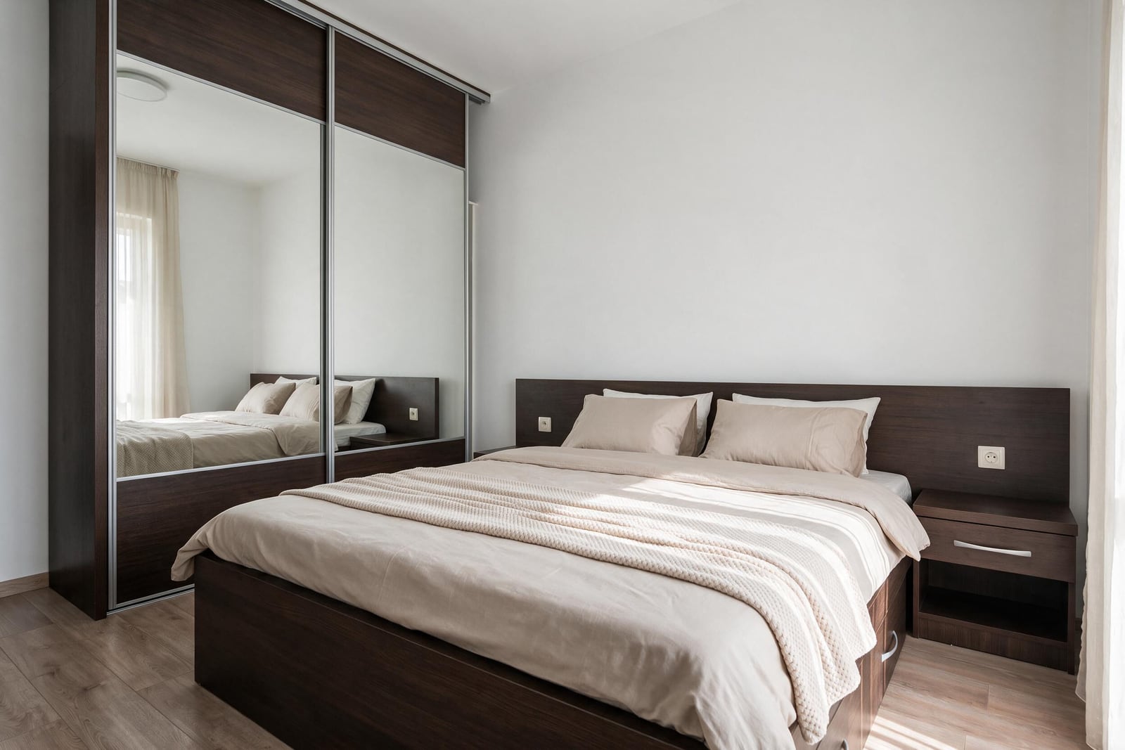 Schlafzimmer mit Doppelbett und großem Spiegelkleiderschrank in einer Wohnung in Budva, Montenegro