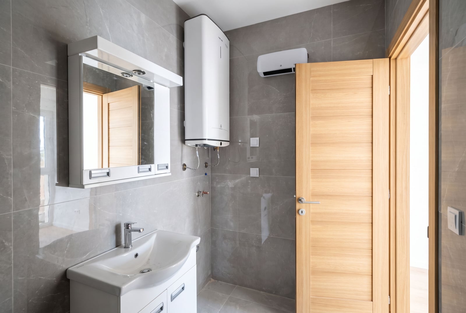 Modern bathroom in an apartment in the city of Bar, Montenegro: gray tile, water heater, mirror, and light-colored furniture.