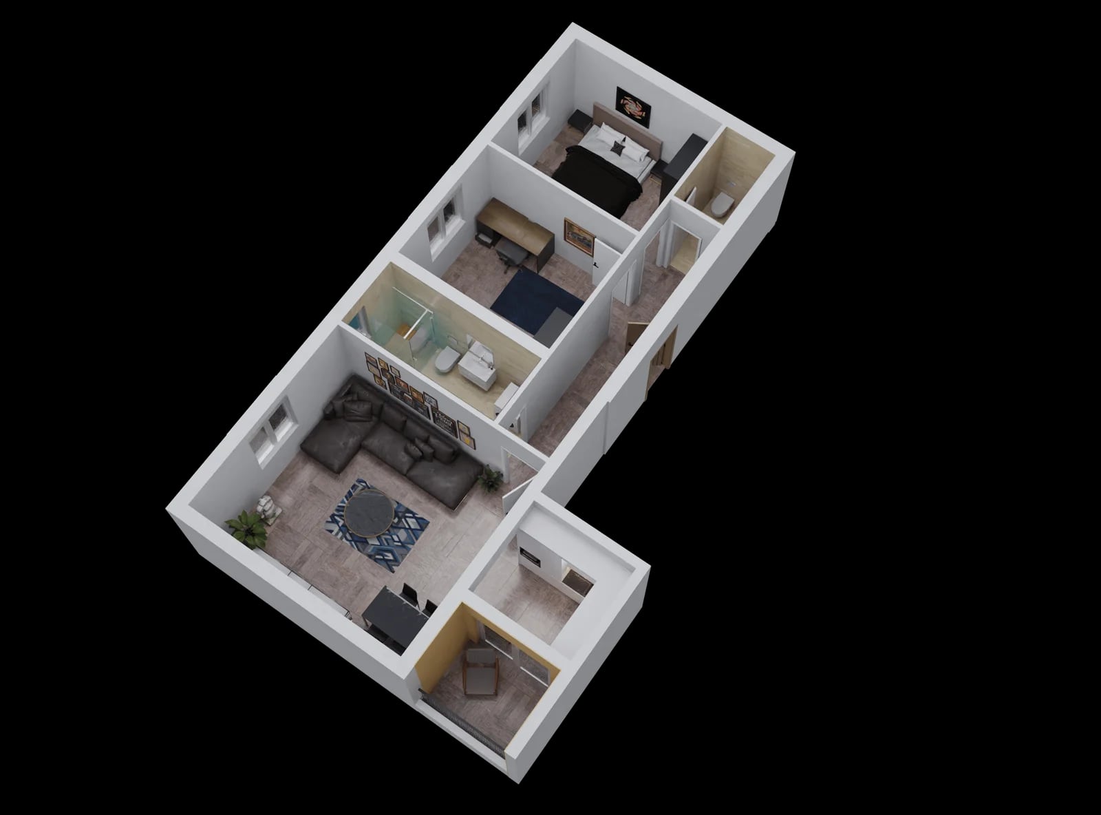 3D-Grundriss der Wohnung im ЖК Bar, Montenegro: Wohnzimmer, Schlafzimmer, Arbeitszimmer, Bad und Terrasse mit Möbeln.