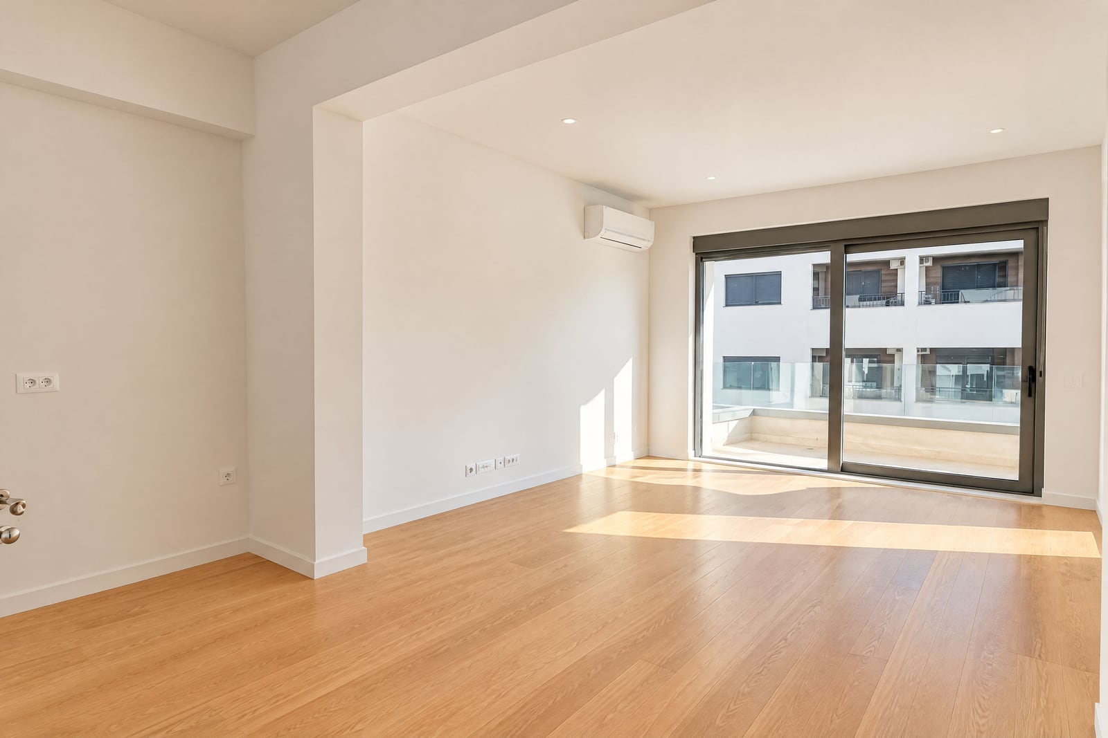 Bright empty living room with parquet flooring, air conditioning, and a panoramic window in a residential complex in Becici, Montenegro