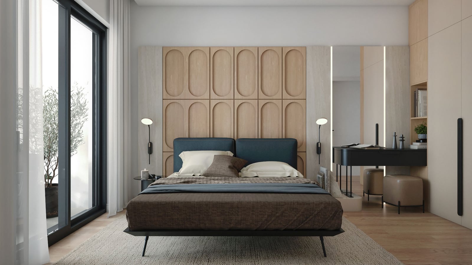 Modernes Schlafzimmer mit Designer-Ausstattung im ЖК Bar, Montenegro: Doppelbett, Schminktisch und Panoramafenster