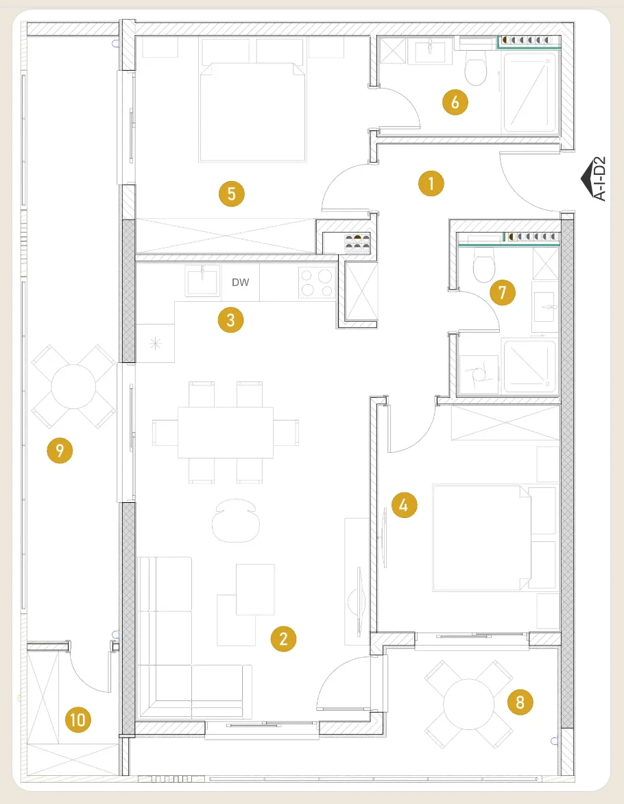 Mobilya yerleşimi, numaralandırılmış bölgeleri ve odaları gösteren bir apartman mimari planı.