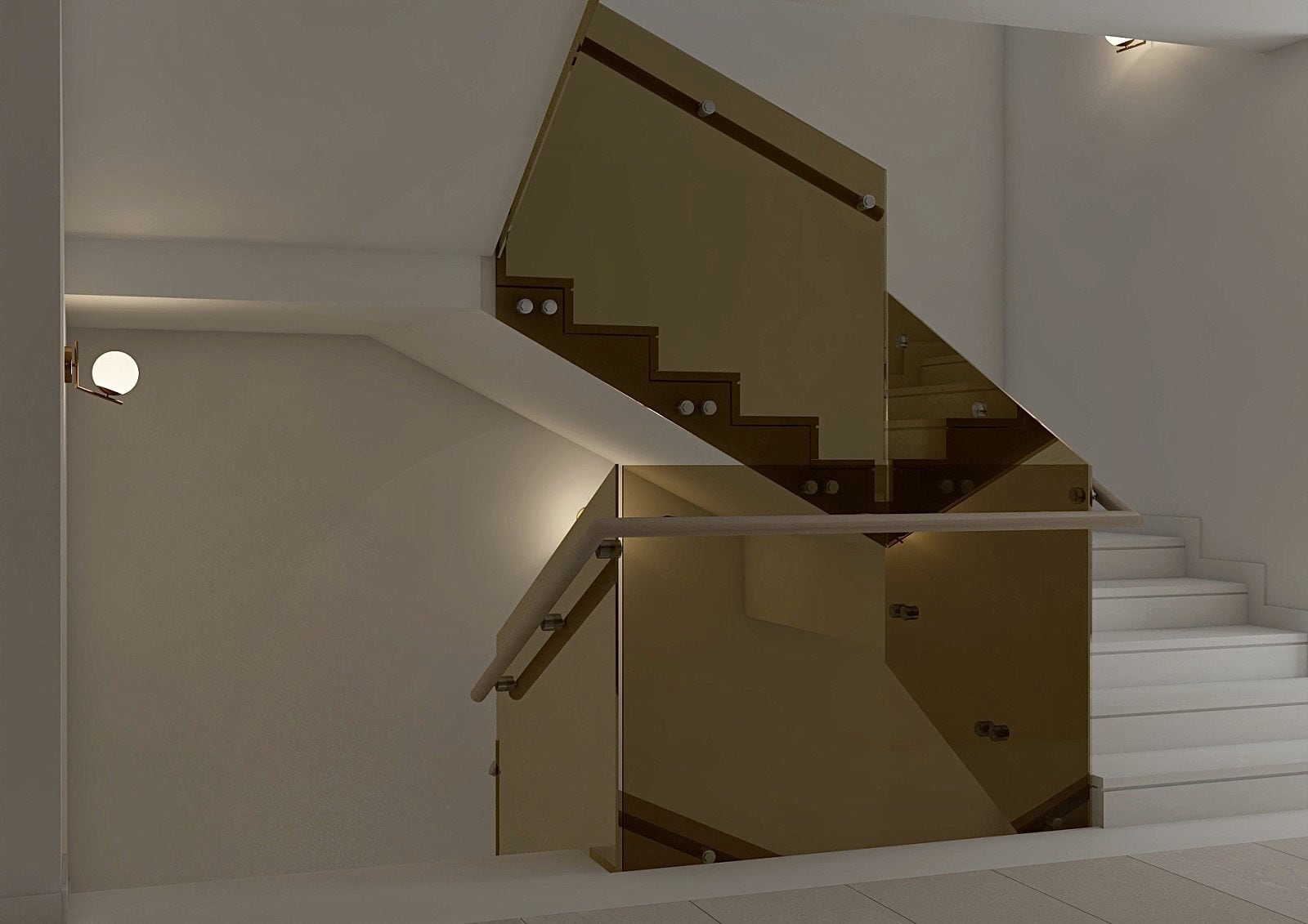 Modern staircase with tinted glass railings in an apartment in Becici, Montenegro