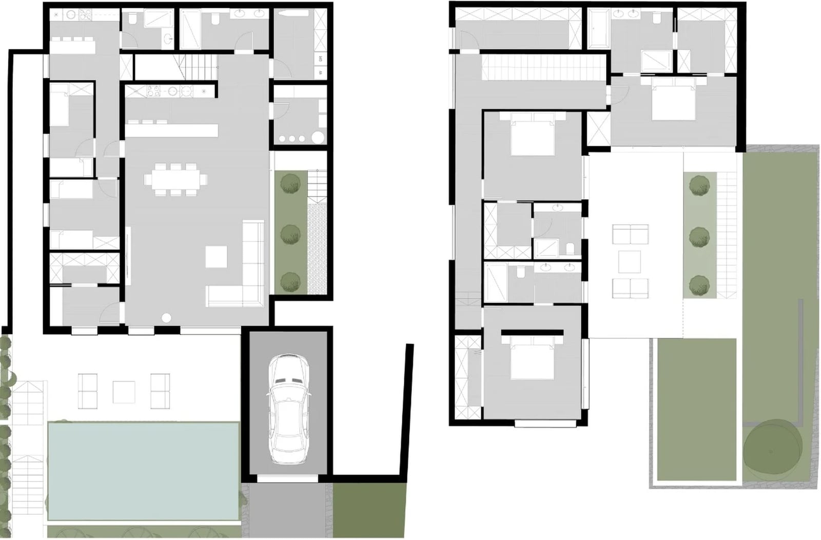 Grundriss der Villa in Krašići, Montenegro: zwei Etagen, Pool, Garage, Terrasse und moderne Raumaufteilung.