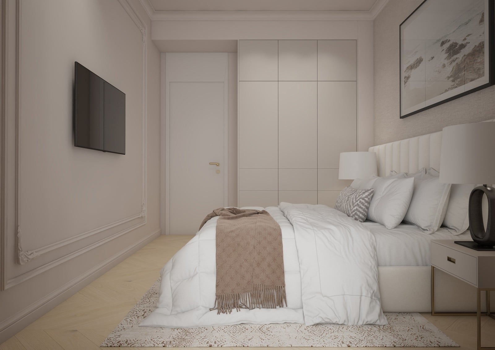 Chambre à coucher moderne avec meubles blancs, lit double et TV dans un appartement à Bečići, Monténégro