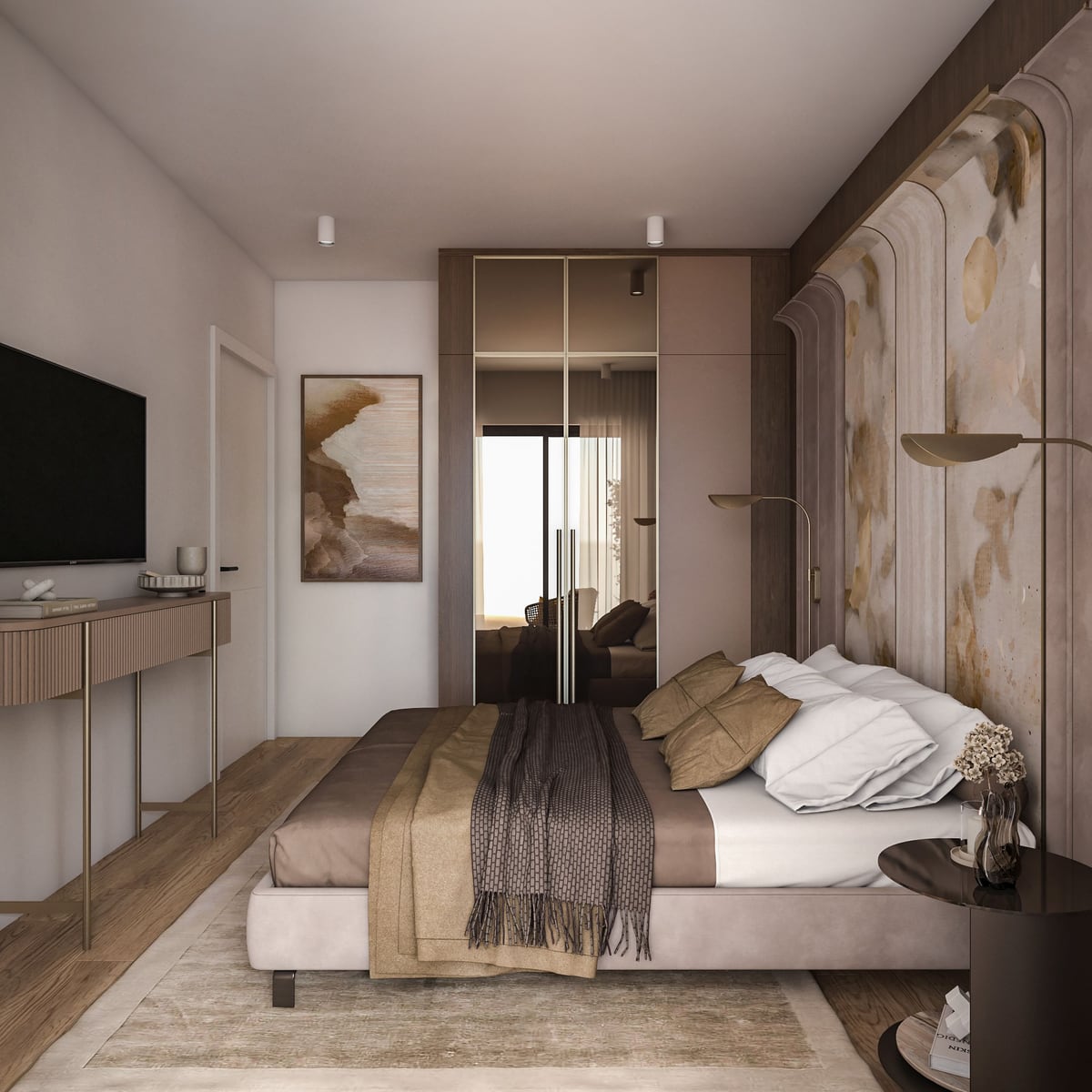 Modernes Schlafzimmer in ЖК Бар, Montenegro: Doppelbett, Kleiderschrank mit Spiegeltüren, Designer-Ausbau und TV-Bereich.