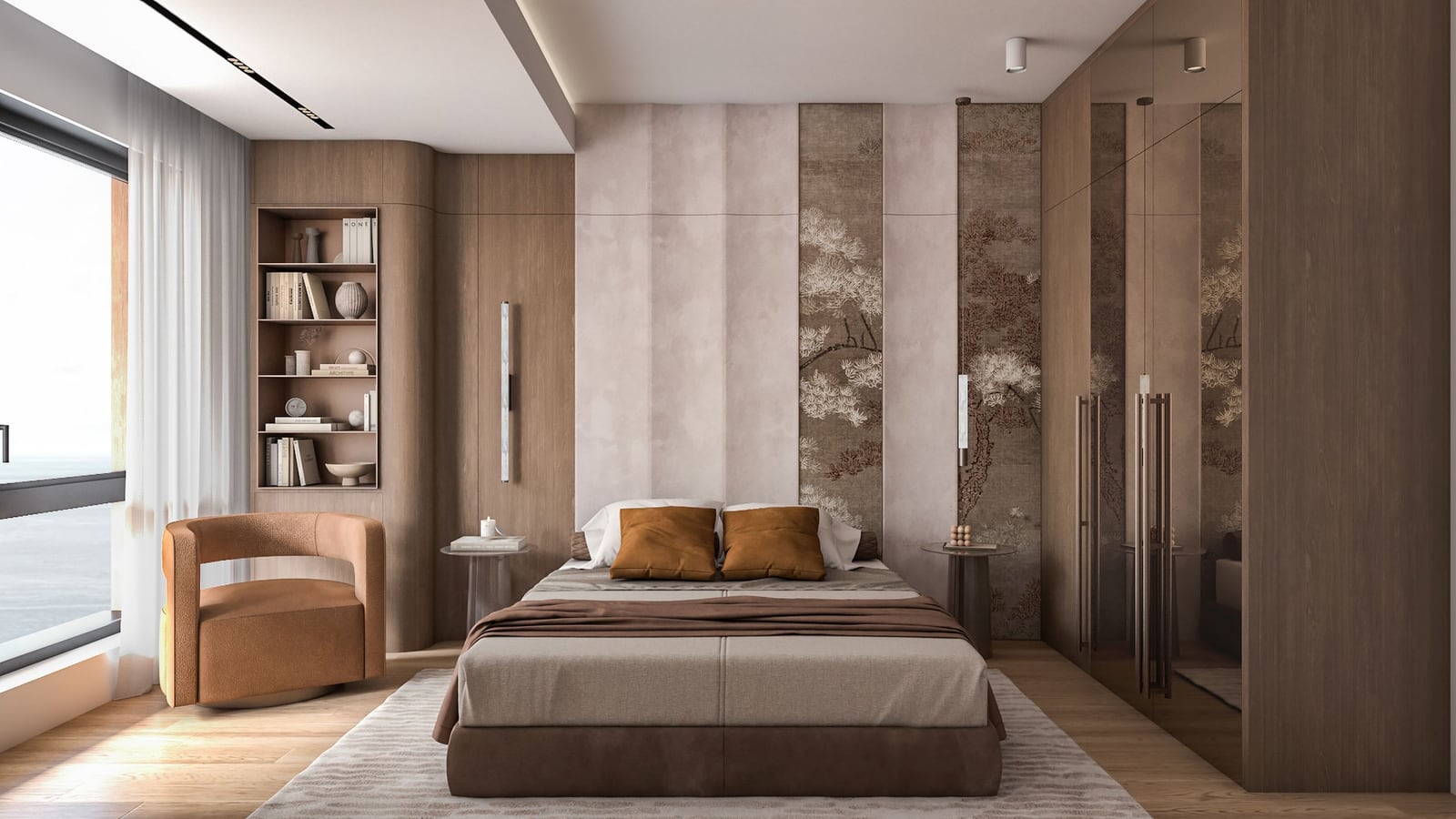 Modernes Schlafzimmer im ЖК Bar, Montenegro: Designermöbel, Holzverkleidung, Panoramafenster mit Meerblick.