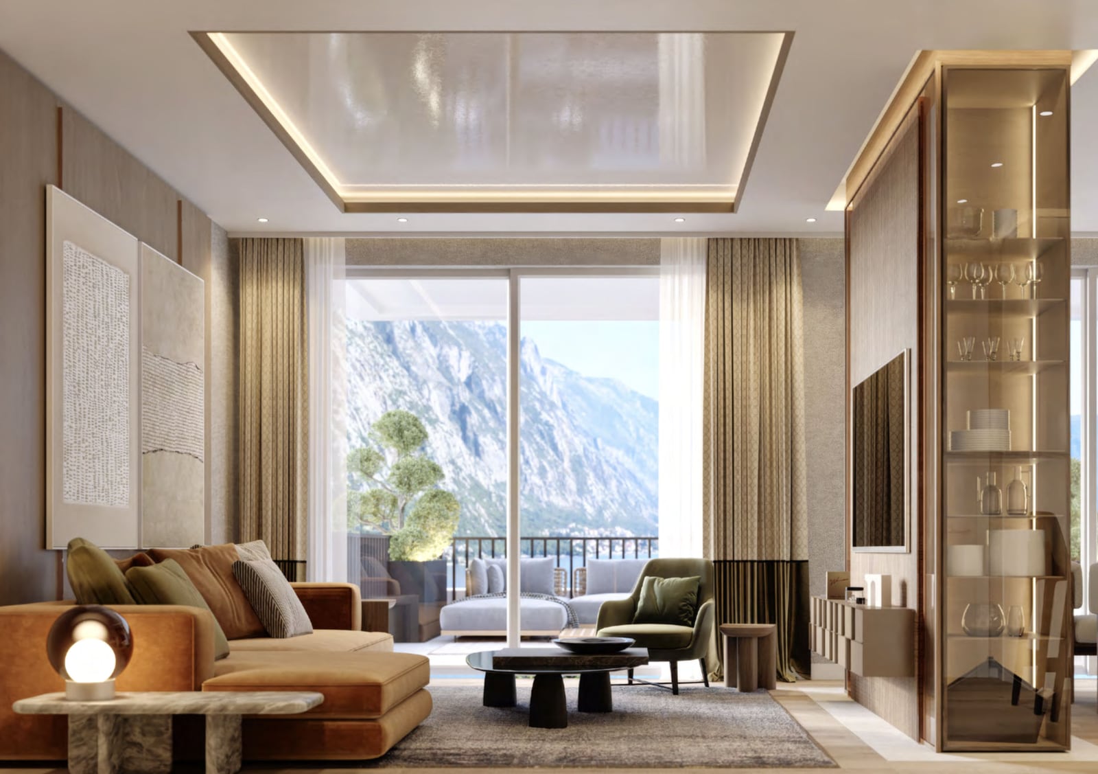 Modern living room with panoramic views of the mountains and sea in a penthouse, Orahovac, Montenegro