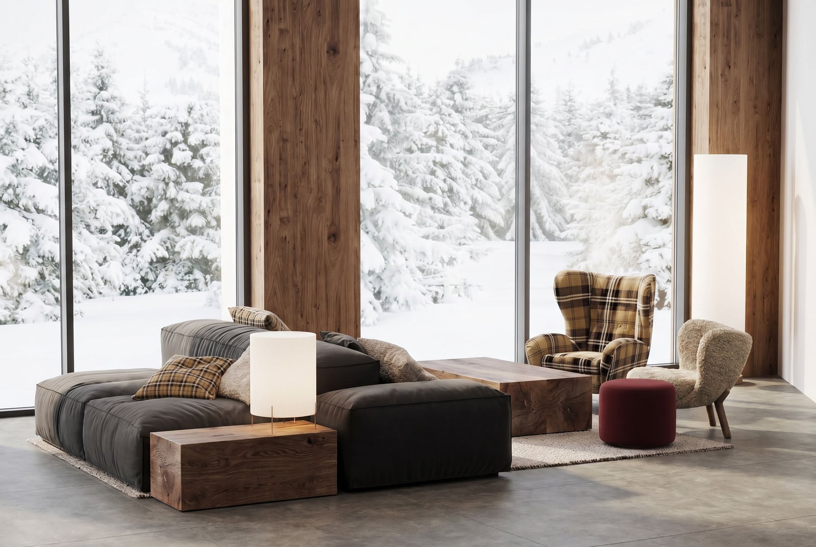 Living room in a Kolasin hotel, Montenegro: panoramic windows with a view of the winter forest, designer furniture, and wood finishes.