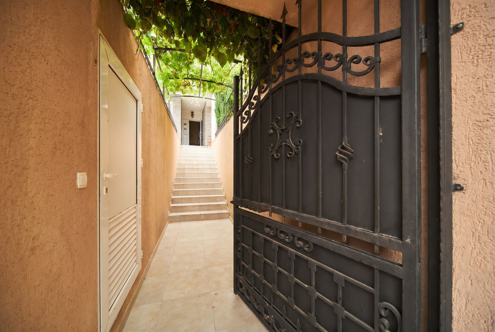 Entrée d'une villa à Bečići, Monténégro : portail en fer forgé, escalier et terrasse avec une pergola couverte de vignes.