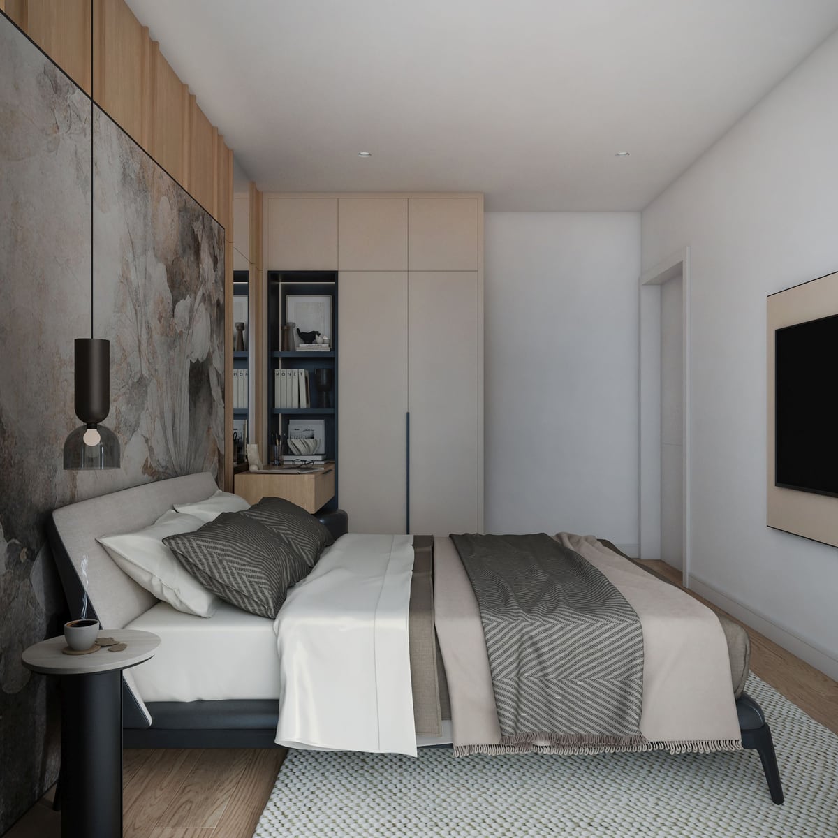 Modernes Schlafzimmer im ЖК Bar, Montenegro: Doppelbett, Einbauschrank, Designer-Dekor und TV-Bereich.