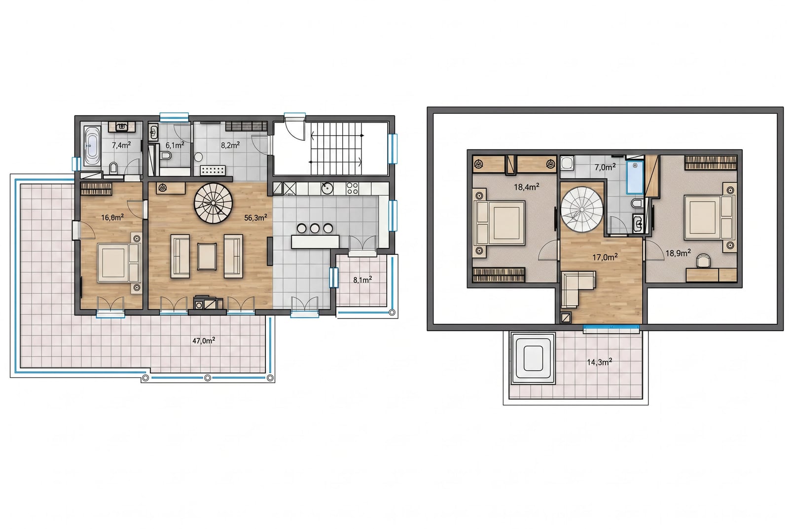 Layout of a two-level penthouse in Kumbor, Montenegro: living room, bedrooms, terraces, and spiral staircase.