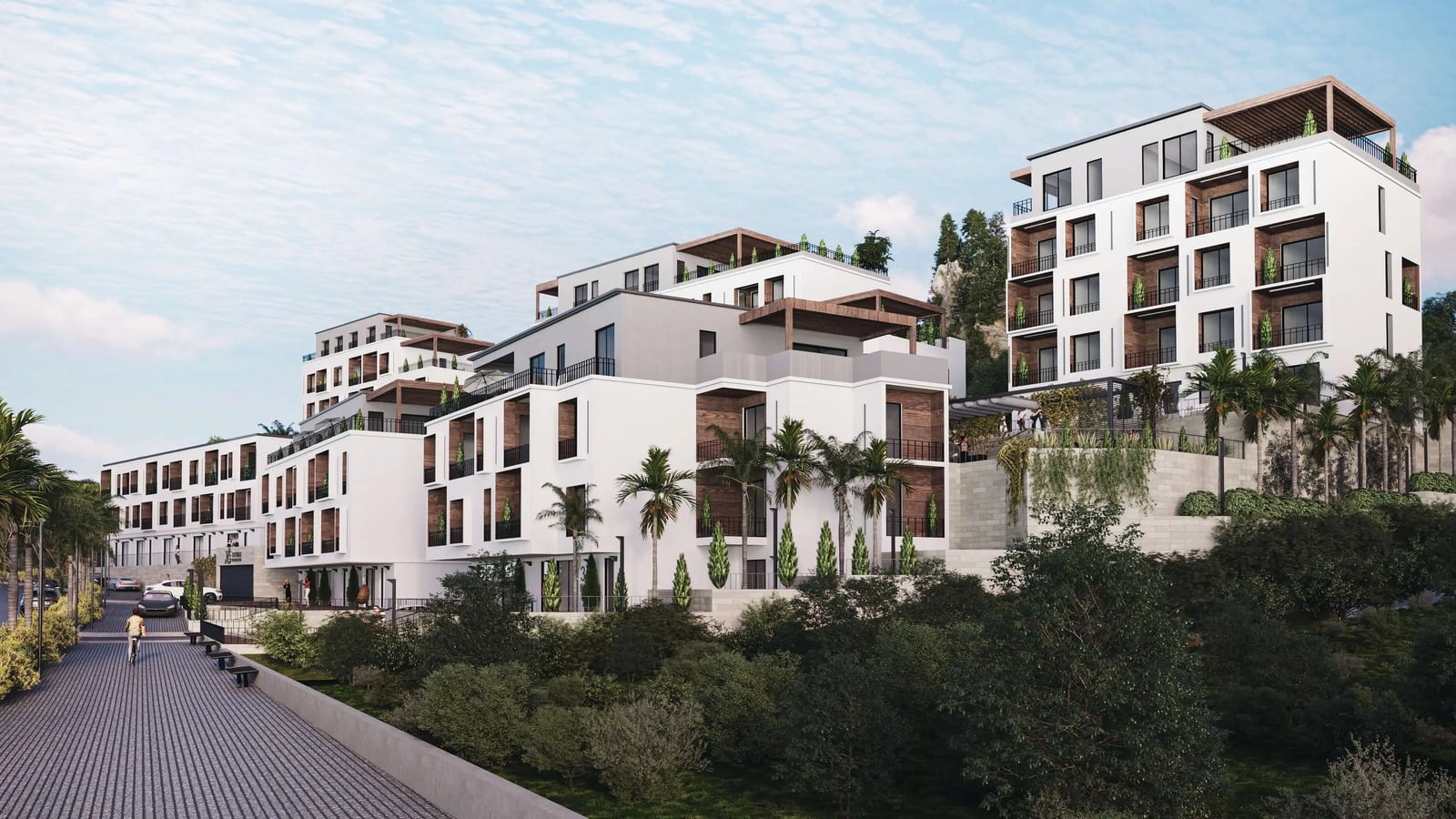 Modernes Wohnkomplex in Tivat, Montenegro: weiße Fassaden mit Holzverkleidung, Terrassen und Landschaftsgestaltung.