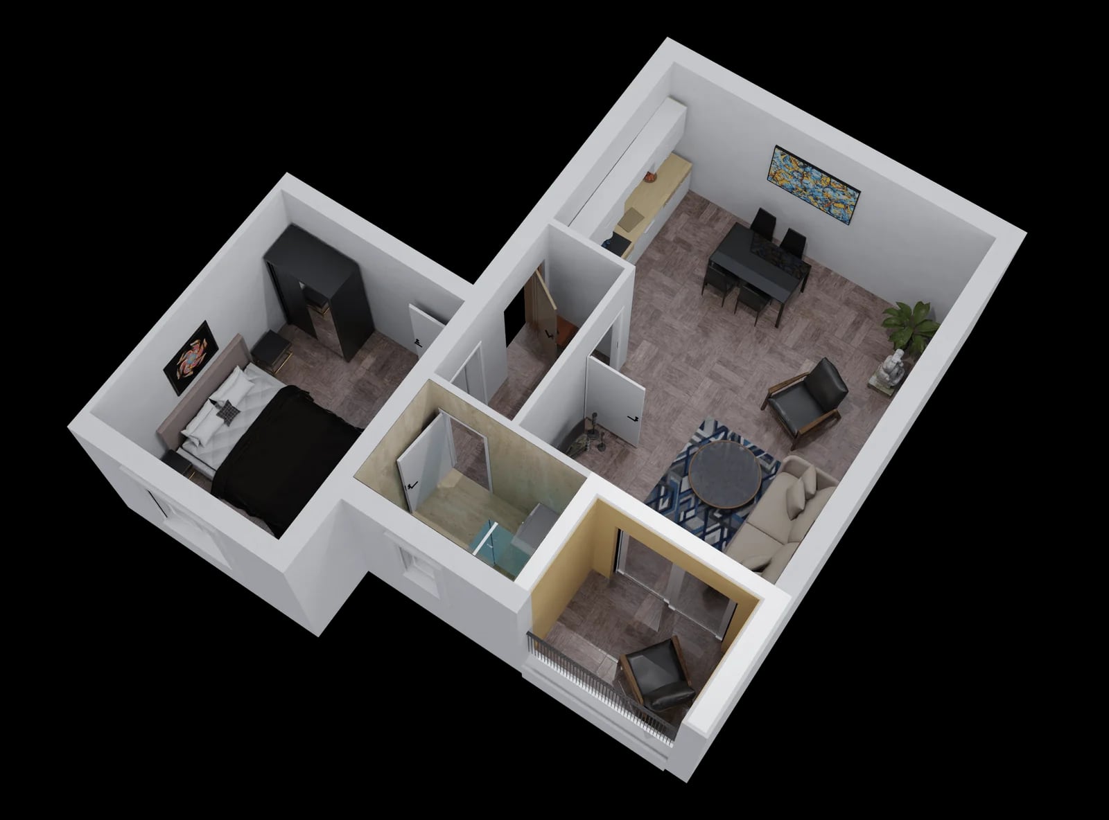 3D-Grundriss einer Wohnung im ЖК Bar, Montenegro: Schlafzimmer, Wohnzimmer mit Küche, Bad und Balkon mit modernen Möbeln.