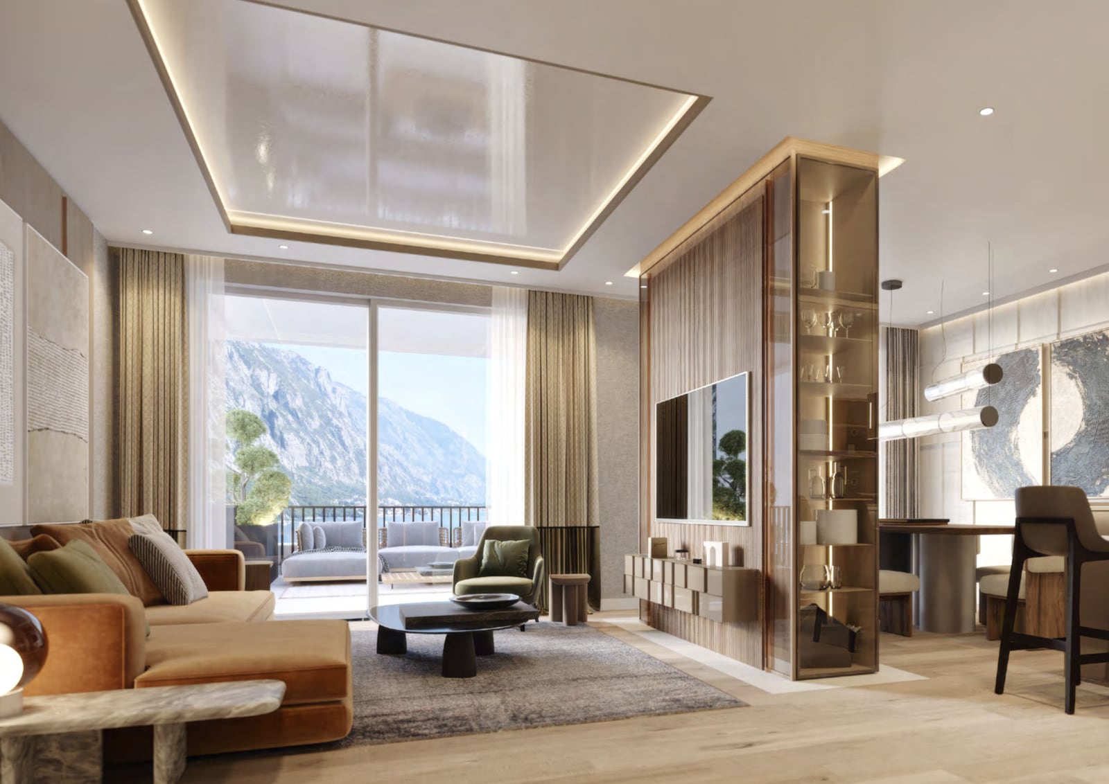 Modern living room with panoramic windows and mountain views in a penthouse, Orahovac, Montenegro