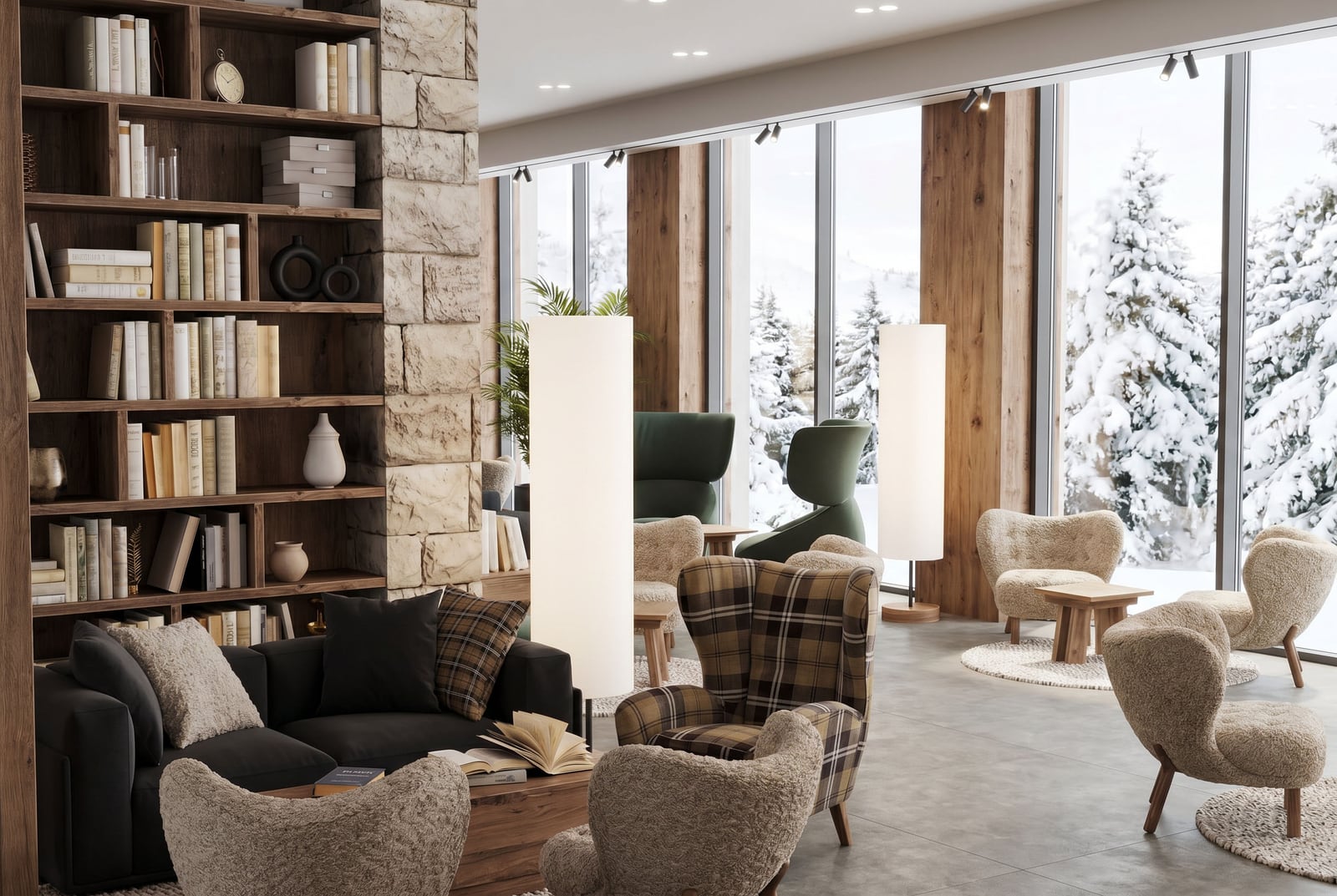 Interior of a hotel living room in Kolašin, Montenegro: panoramic windows with a view of a snow-covered forest, stone finishes, and a fireplace.