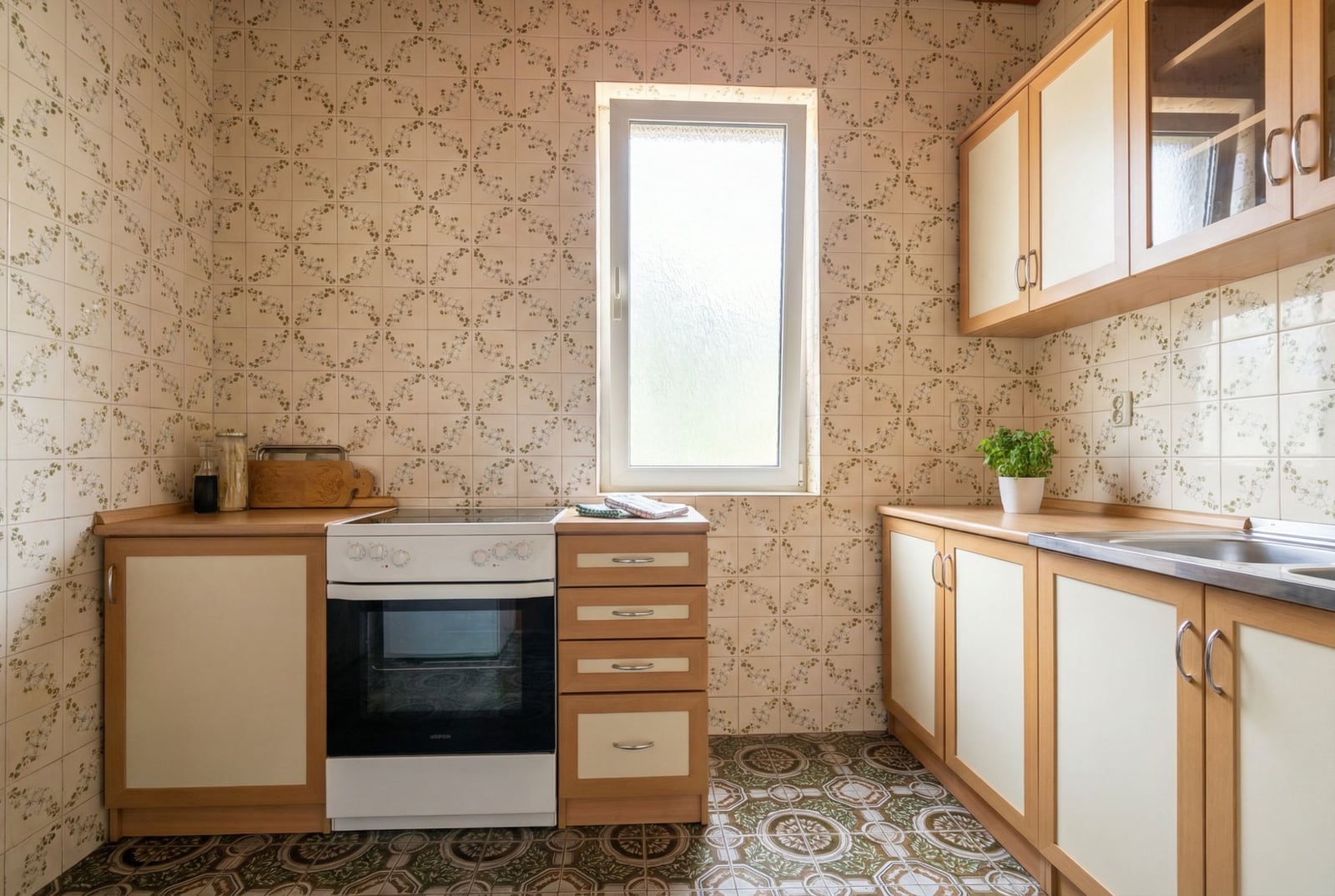 Кухня в доме в Герцег-Нови, Черногория: светлый гарнитур, плита, плиточная отделка стен и пола с узором.