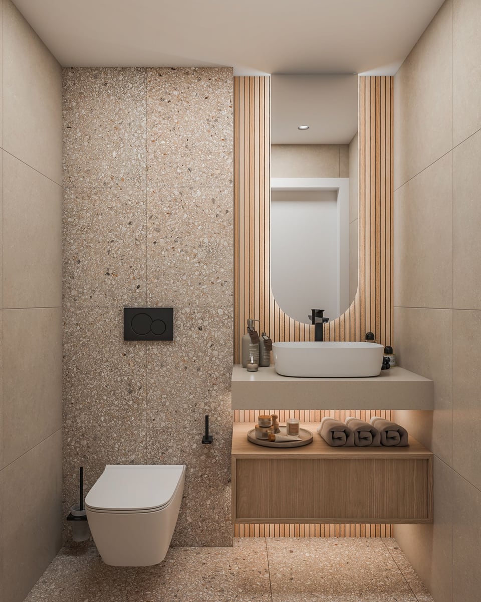 Modernes Badezimmer im ЖК Bar, Montenegro: Terrazzo-Oberflächen, Holzlamellen, hängende Sanitäranlagen und Beleuchtung.
