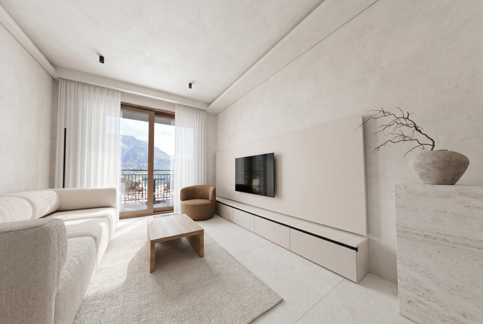 Modernes Wohnzimmer im Wohnkomplex Tivat, Montenegro: helles Interieur, Polstermöbel, TV-Bereich und Balkon mit Bergblick.