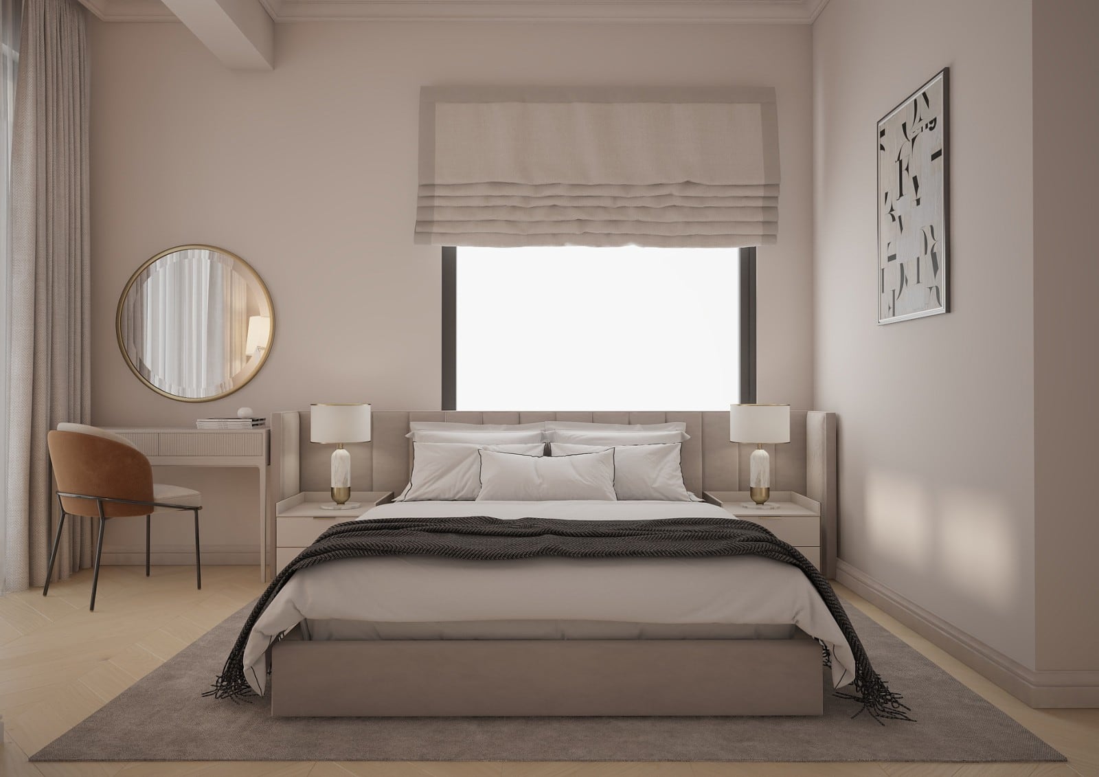 Chambre à coucher moderne avec lit double, coiffeuse et finitions beiges dans un appartement à Bečići, Monténégro