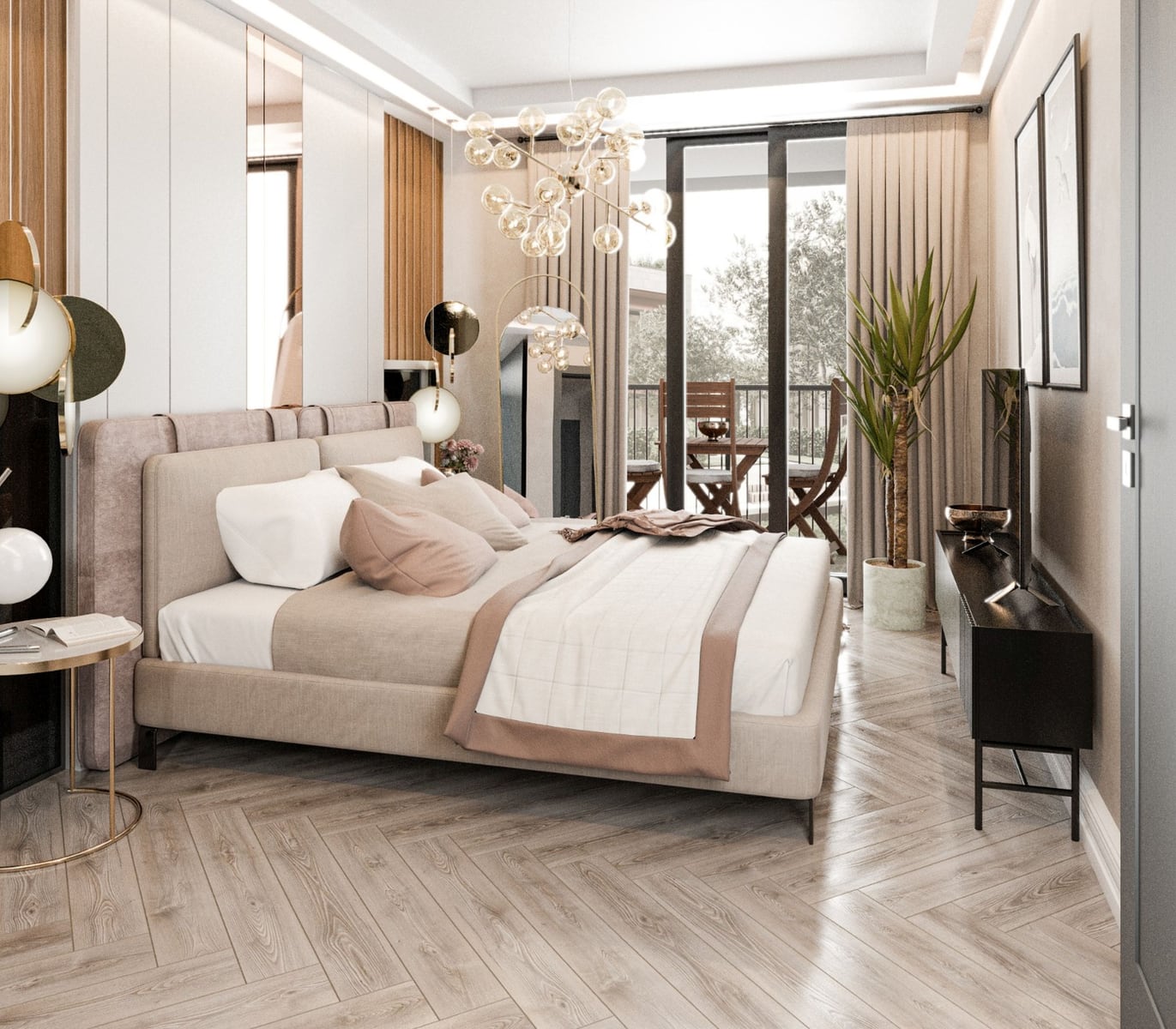 Chambre moderne dans le ЖК Radanovichi, Monténégro : lit double, parquet en chevrons, accès au balcon et décoration élégante.