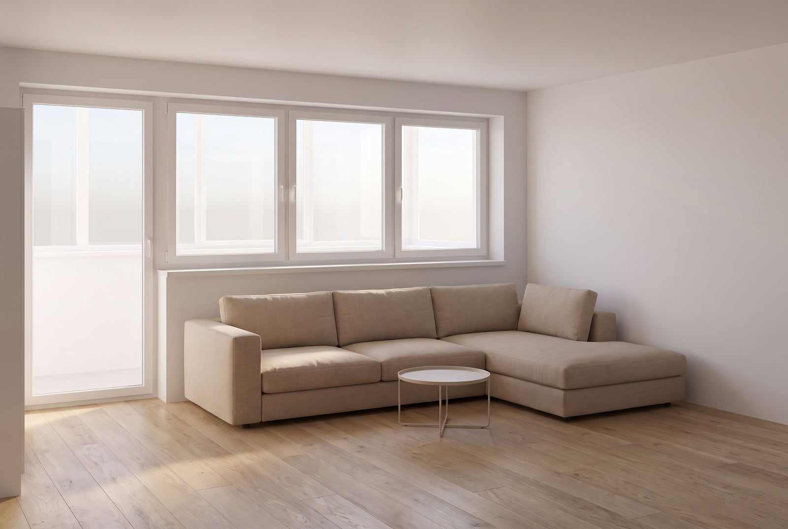 Bright living room with a beige corner sofa and panoramic windows in a modern apartment, Budva, Montenegro.