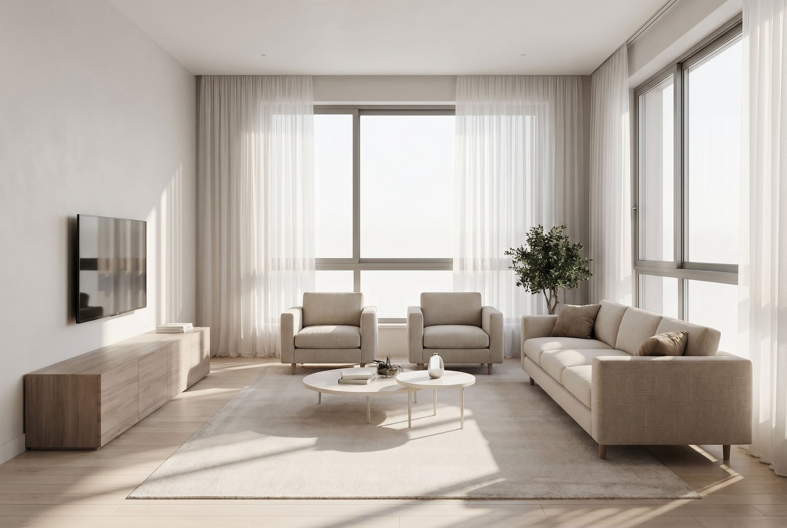 Bright modern-style living room in a residential complex in Tivat, Montenegro: beige furniture, panoramic windows, and wooden finishes.