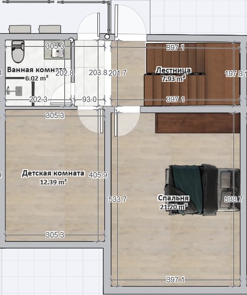Floor plan of a villa in Reževići, Montenegro: bedroom, nursery, bathroom, and staircase with room dimensions indicated.