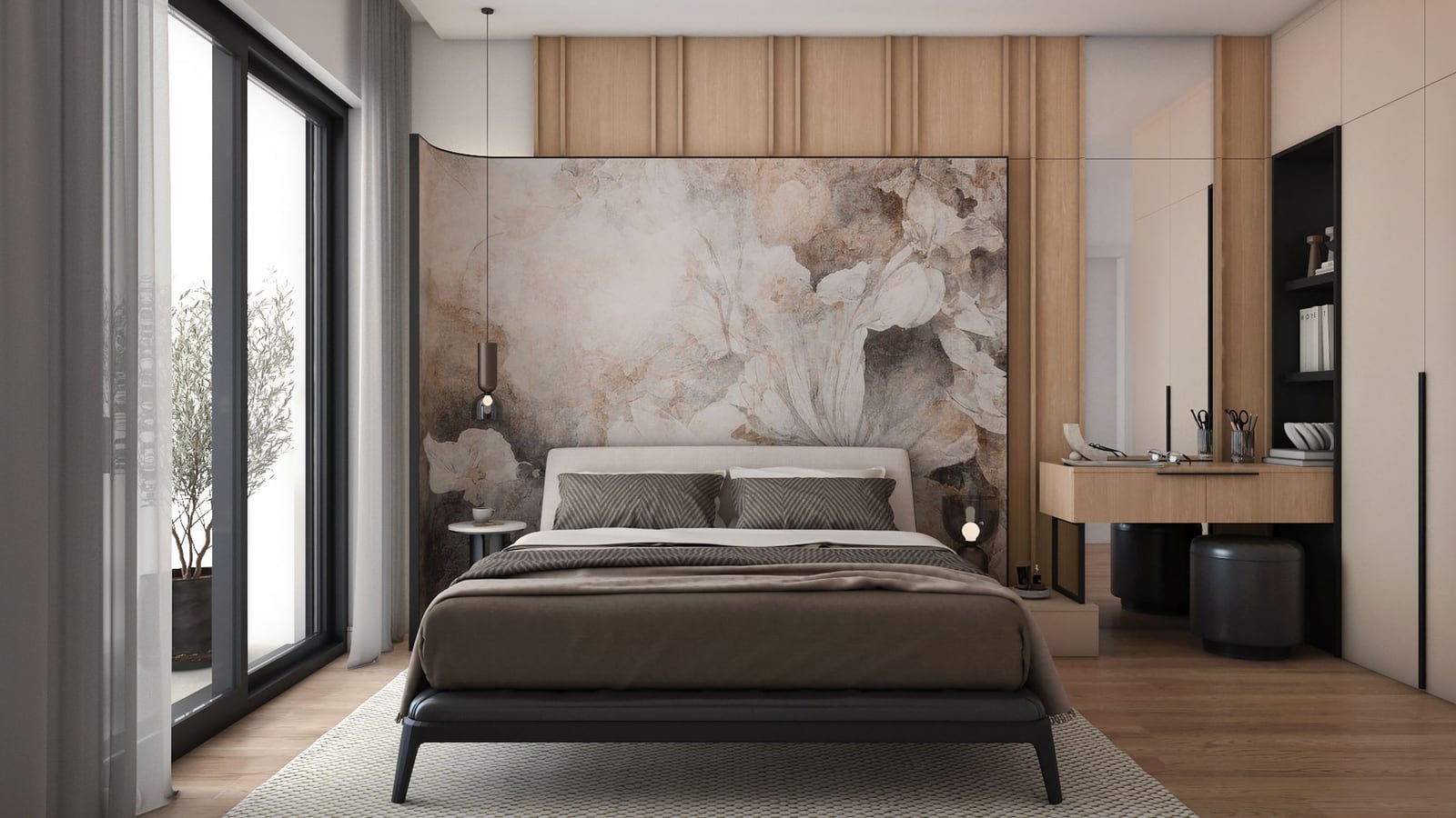 Modernes Schlafzimmer mit Designer-Ausstattung im ЖК Bar, Montenegro: Doppelbett, Schminktisch und Panoramafenster.