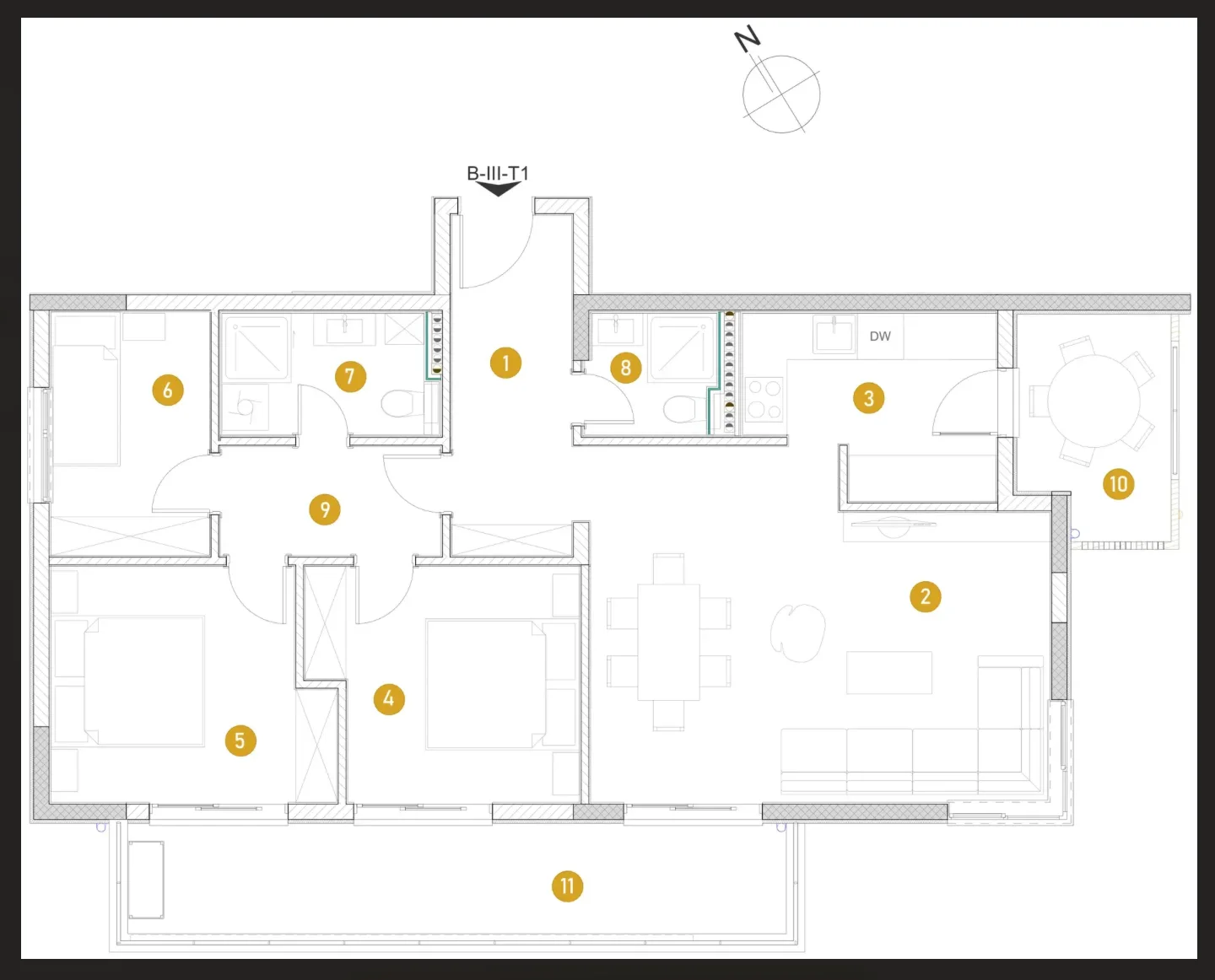 Mobilya yerleşimi, bölgeleri ve numaralandırılmış odaları gösteren bir apartman mimari planı.