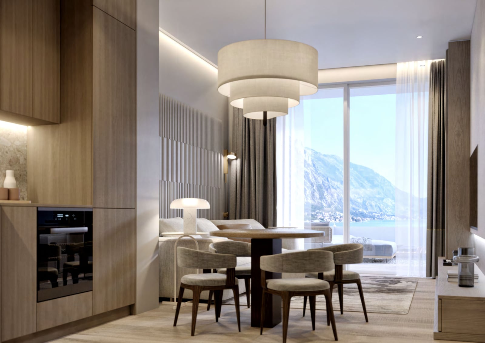 Modern living room with kitchen in a penthouse in Orahovac, Montenegro, panoramic windows with sea and mountain views