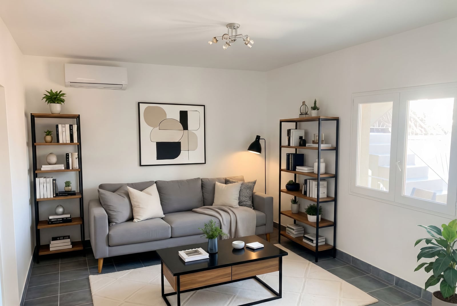 Salon moderne dans une maison à Krašići, Monténégro : canapé gris, étagères, table basse et décoration élégante.
