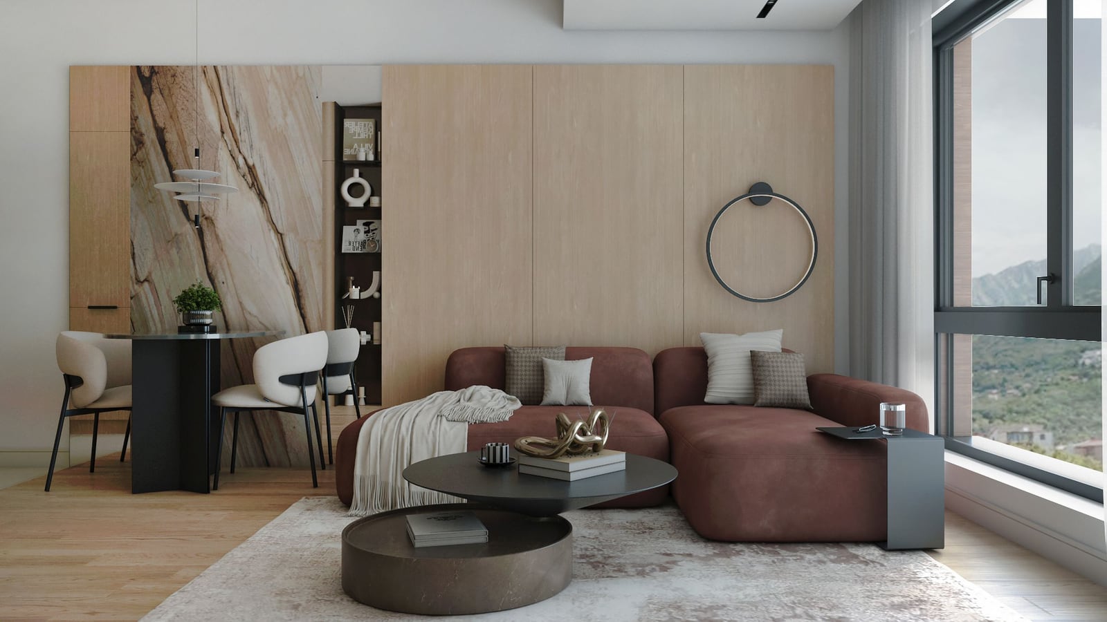 Modernes Wohnzimmer im ЖК Bar, Montenegro: terrakottafarbenes Sofa, Panoramafenster mit Bergblick und stilvolles Interieur.