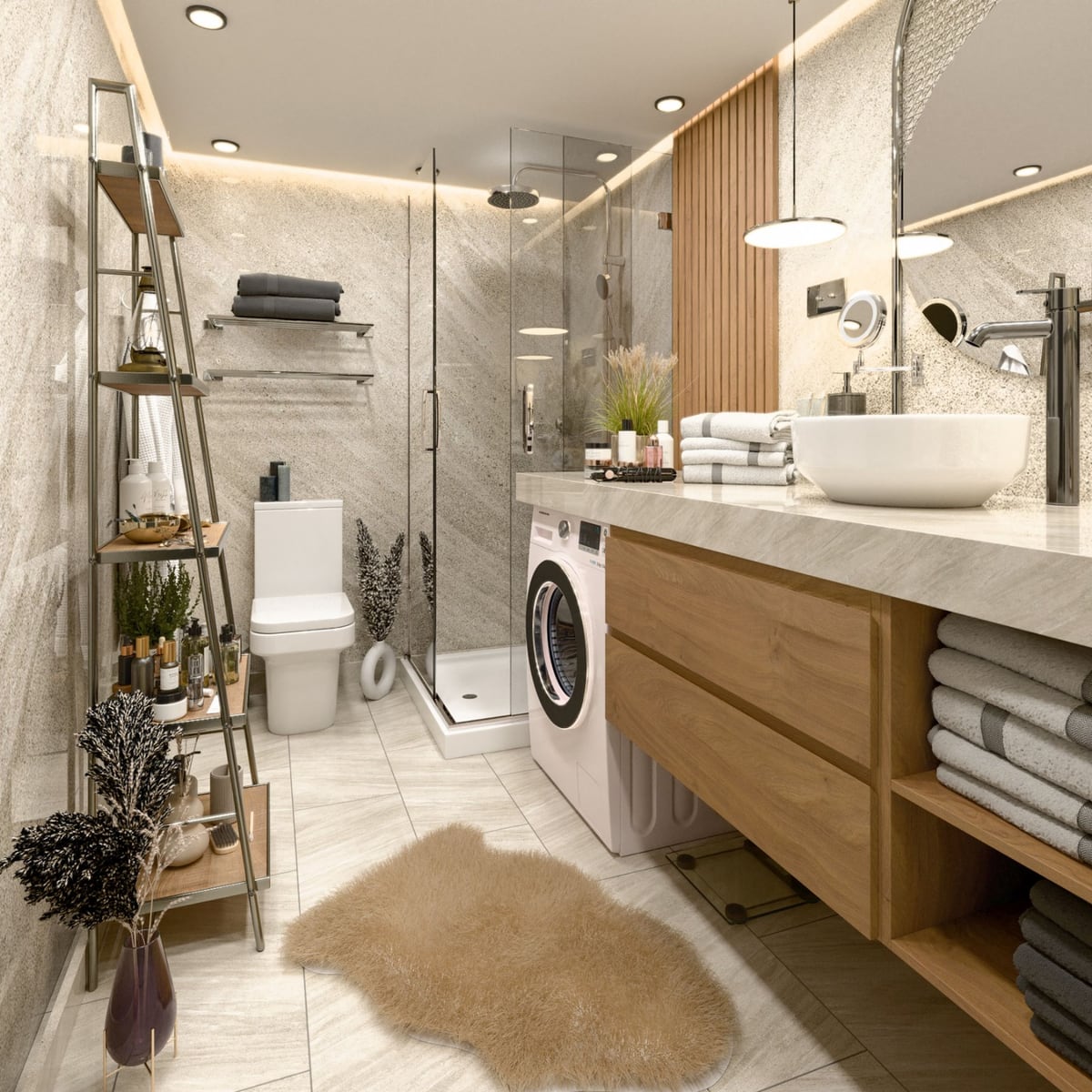 Salle de bains moderne dans le complexe résidentiel Radanovici, Monténégro : cabine de douche, machine à laver et mobilier élégant en bois.